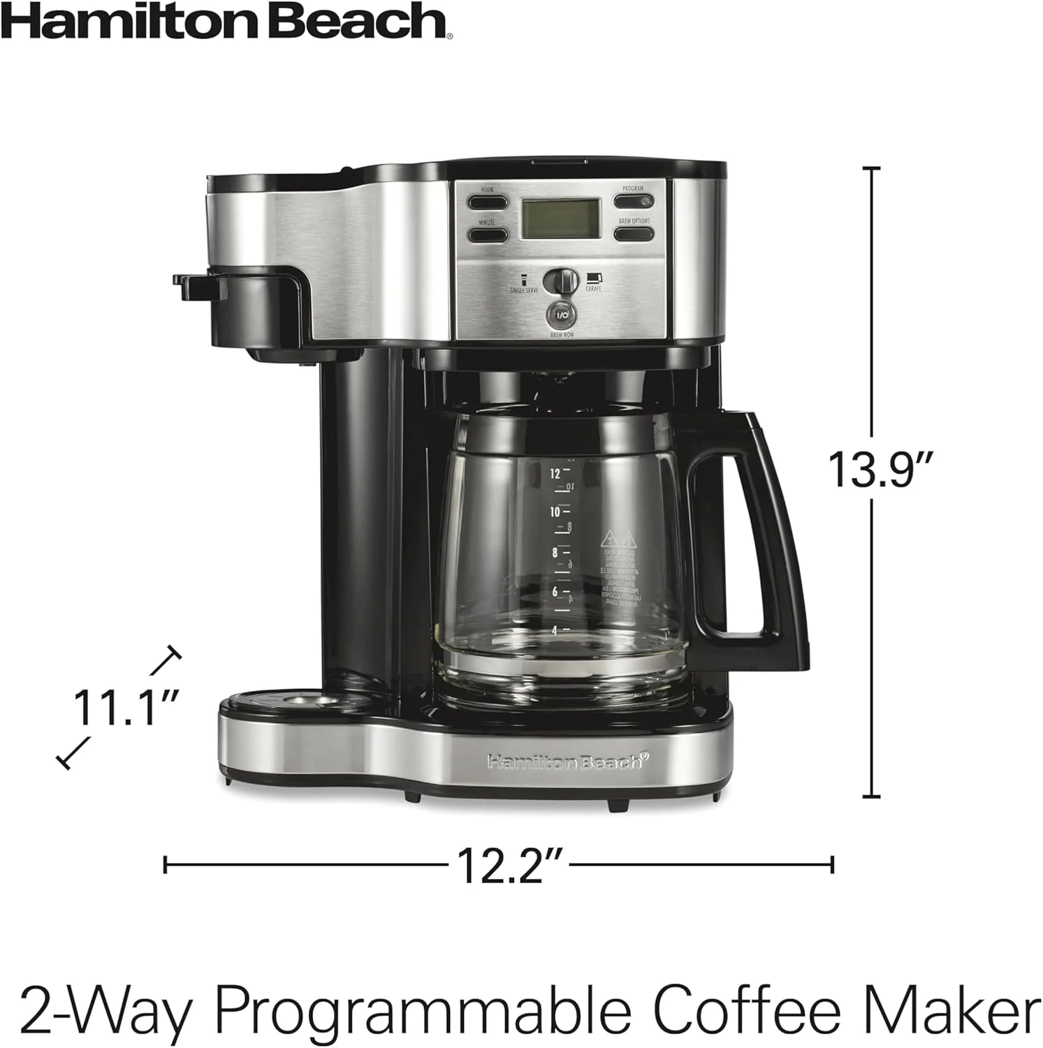 Cafetière à filtre programmable Hamilton Beach 2-en-1 (2025). Capacité : 12 tasses. Carafe en verre. Fonction pause et service automatiques. Couleur : Noir (49980R).