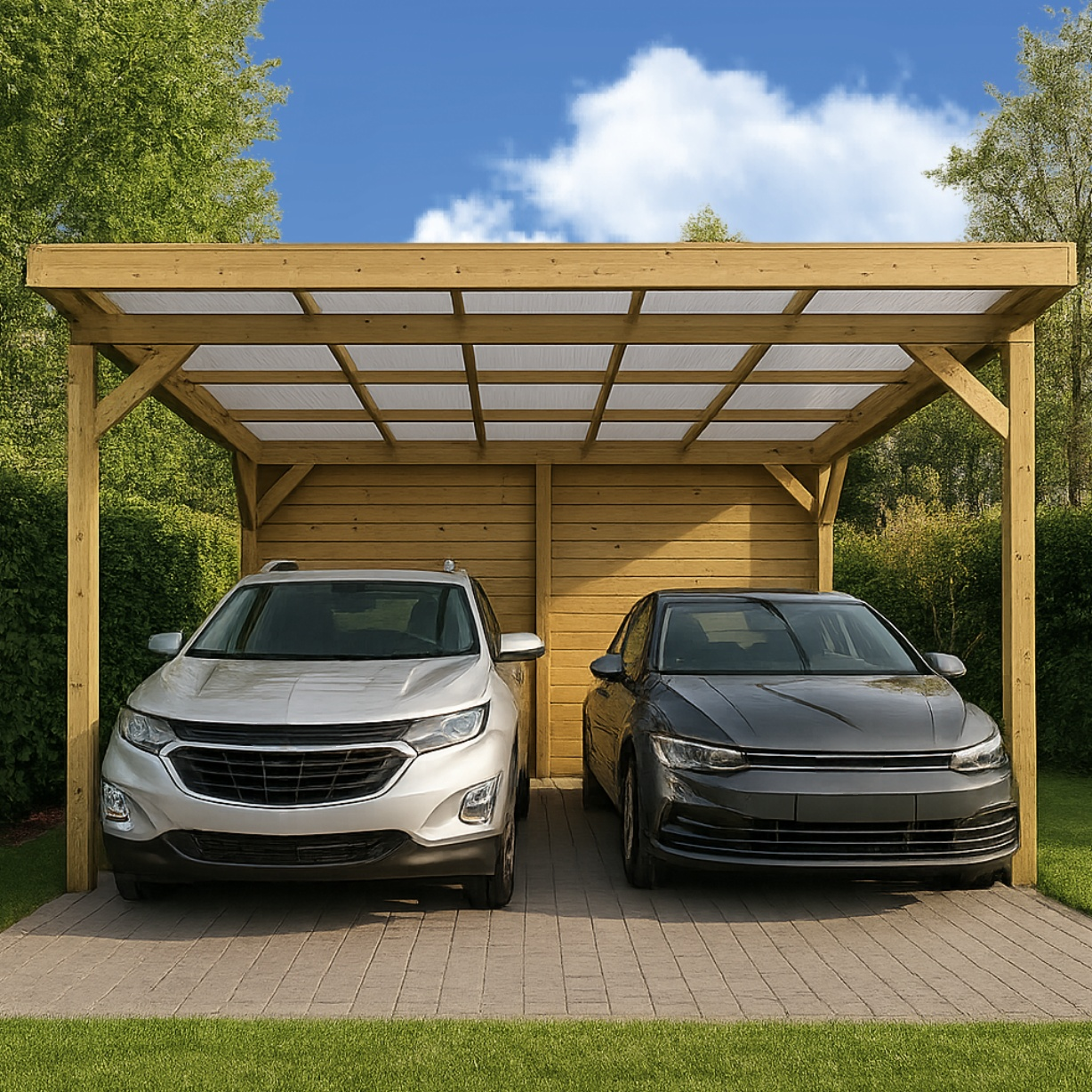 Abri double voiture en bois beige avec extérieur en polycarbonate pour jardin, 512 x 604 x 266 cm