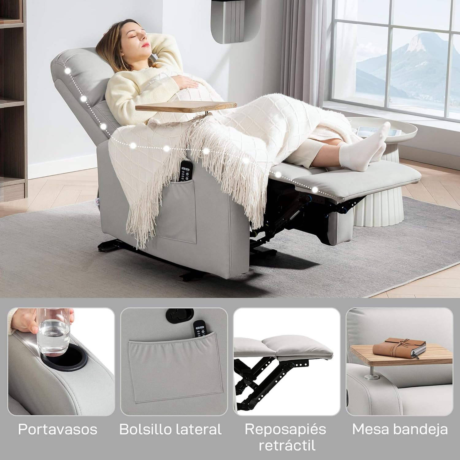 HOMCOM Massagesessel mit 8 Massagepunkten, elektrischer Verstellfunktion, Sofa mit 4 Liegepositionen (145°), Fernbedienung, Beistelltisch, 2 Seitentaschen und Getränkehalter, 77 x 93 x 105 cm, Beige