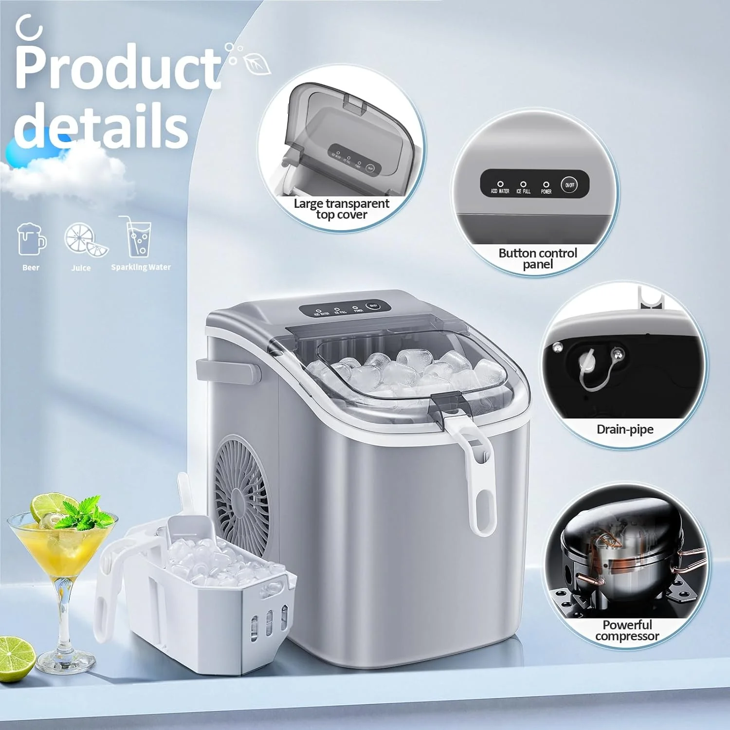 Eiswürfelbereiter 2025 für die Arbeitsplatte. Kaubare Eiswürfel. 15 kg/24 h. Selbstreinigend. Schalleis. Ein-Knopf-Bedienung. Für Küche oder Büro. Edelstahl, silberfarben.