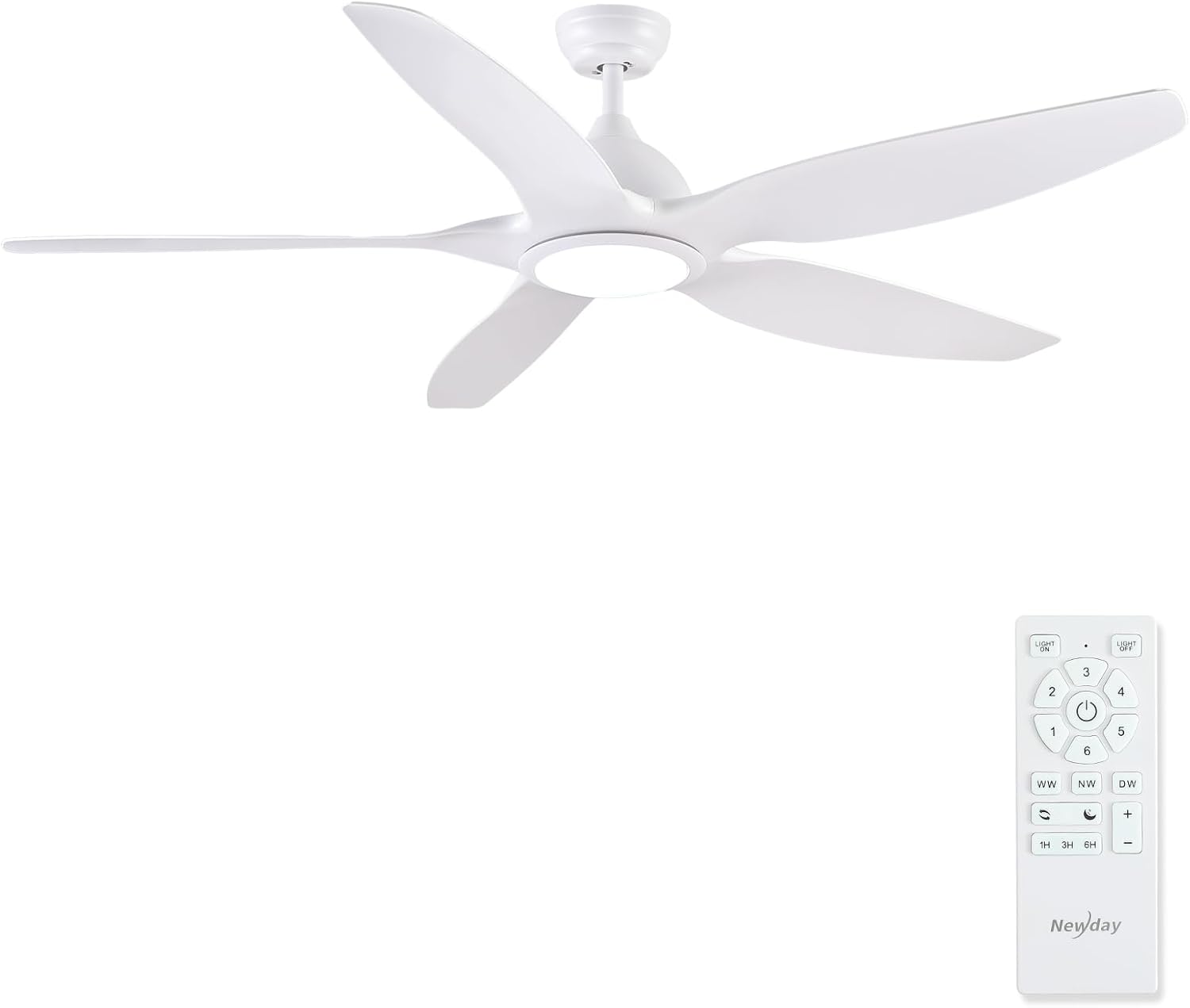 Newday Deckenventilator, 153 cm, mit Licht und Fernbedienung, 5 große weiße Flügel, leiser Gleichstrommotor, LED-Dimmer für Wohnzimmer und Schlafzimmer