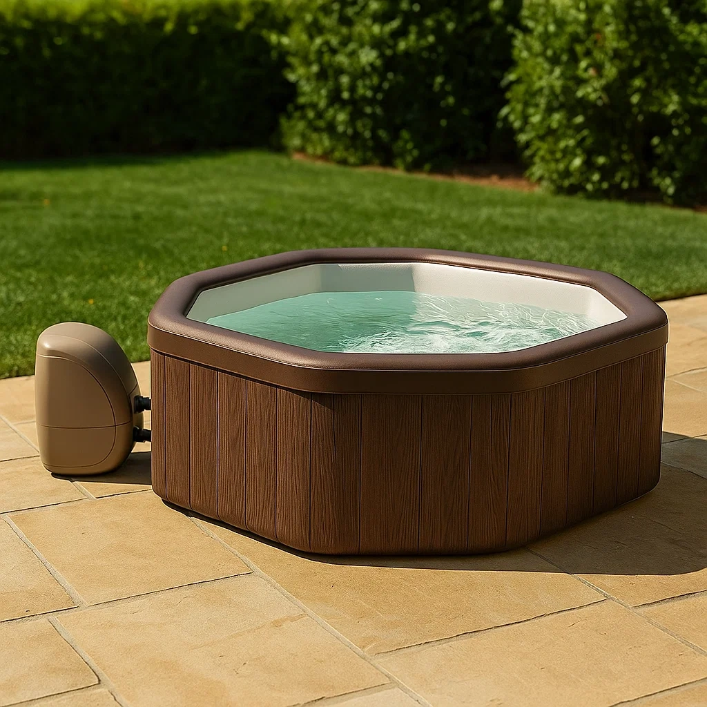 Spa gonflable octogonal, 4 places, structure en PVC, marron et blanc, autoportant, dimensions 150 x 150 x 70 cm - heDcTD7u78yf