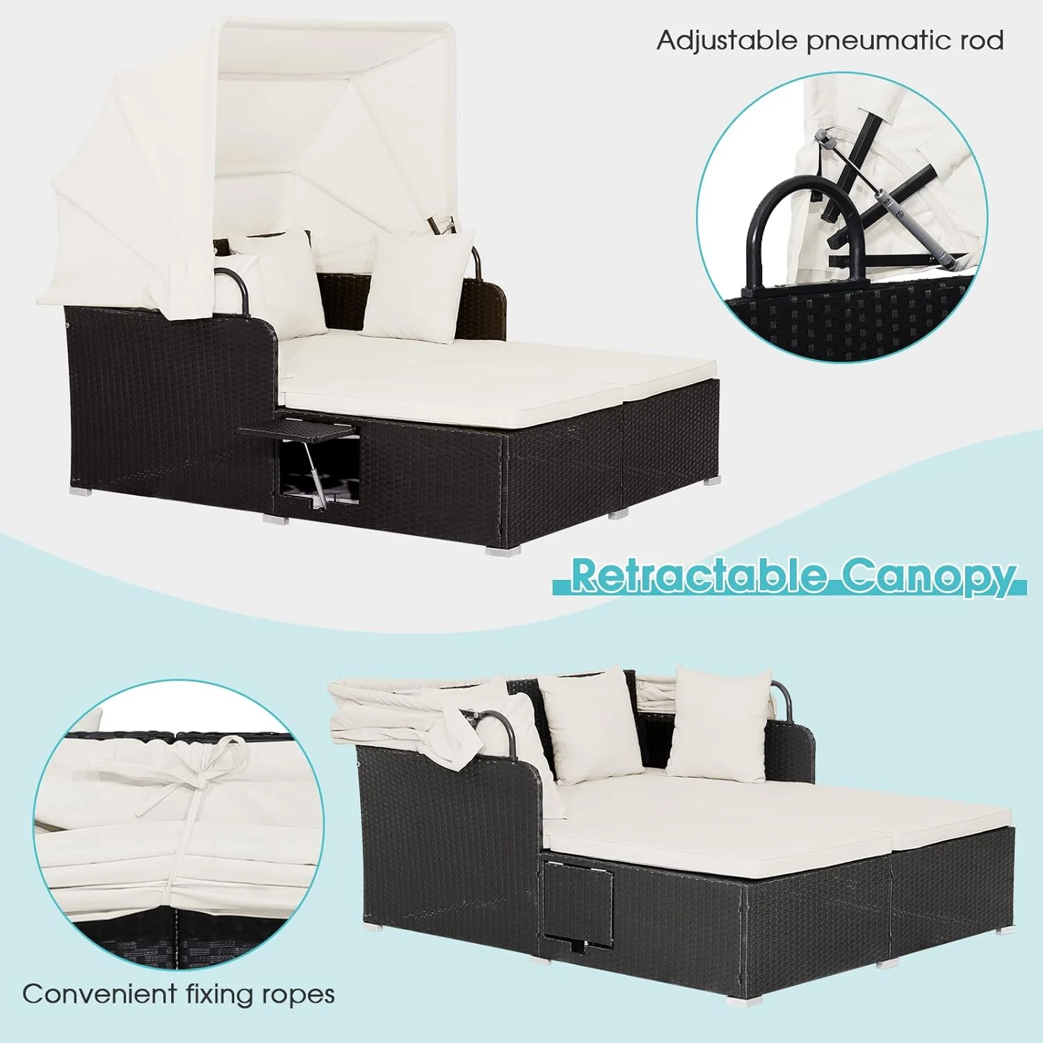 RELAX4LIFE udendørs haveseng med baldakin. Vævet harpiks liggestol med hynder. 4 puder og 2 udtrækkelige sidebakker. Loungeseng til 2 personer til pool, veranda, have. Rattan udendørs seng (turkis)