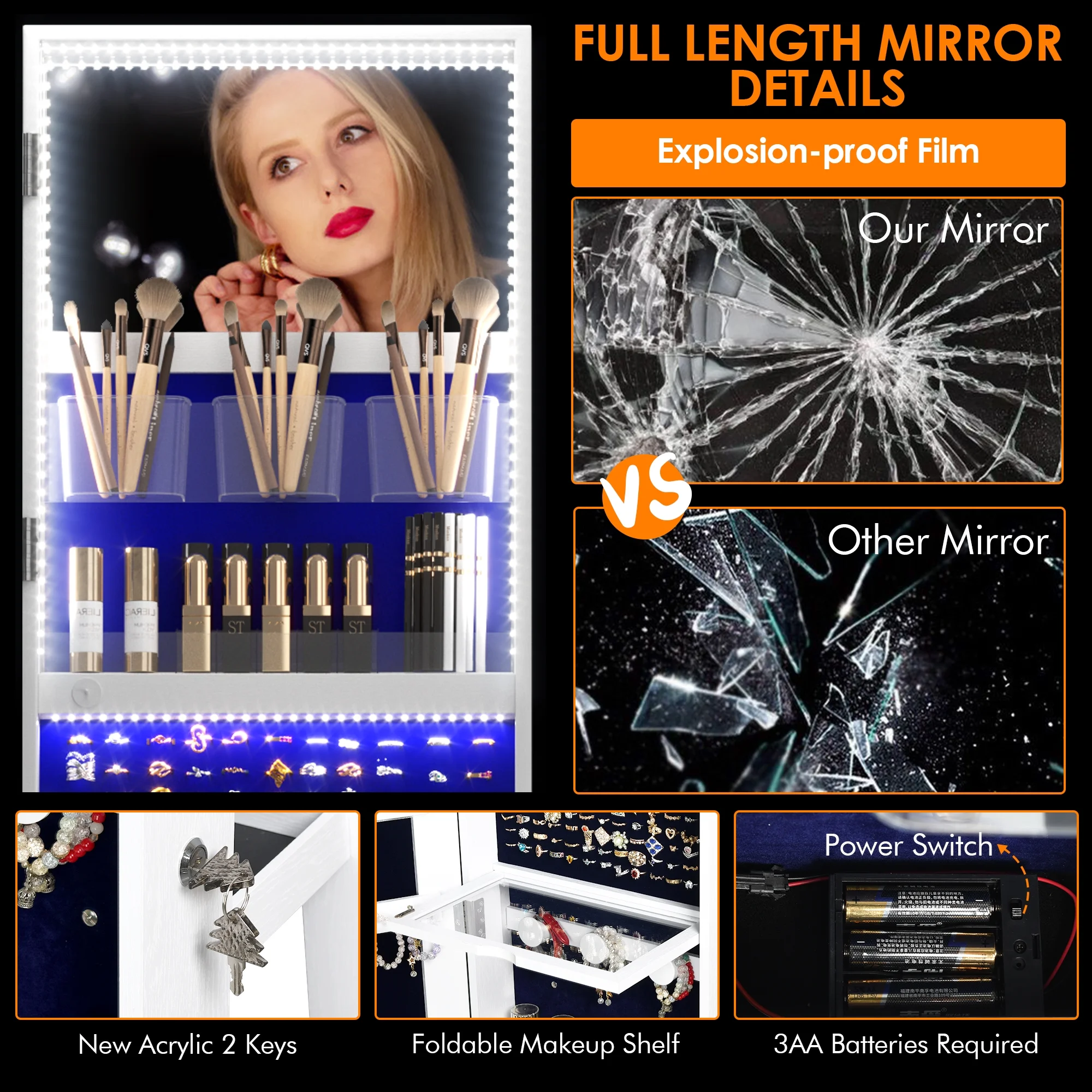 LVSOMT Roterende smykkeskrin med LED-lys og spejl i fuld længde: Stilfuld 360° opbevaring