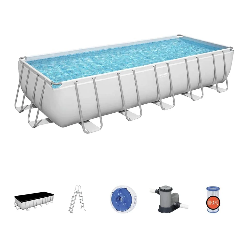 2025 Bestway 5611Z Power Stålramme Pool Komplet Kit med Filterpumpe 640 x 274 x 132 cm. Lysegrå