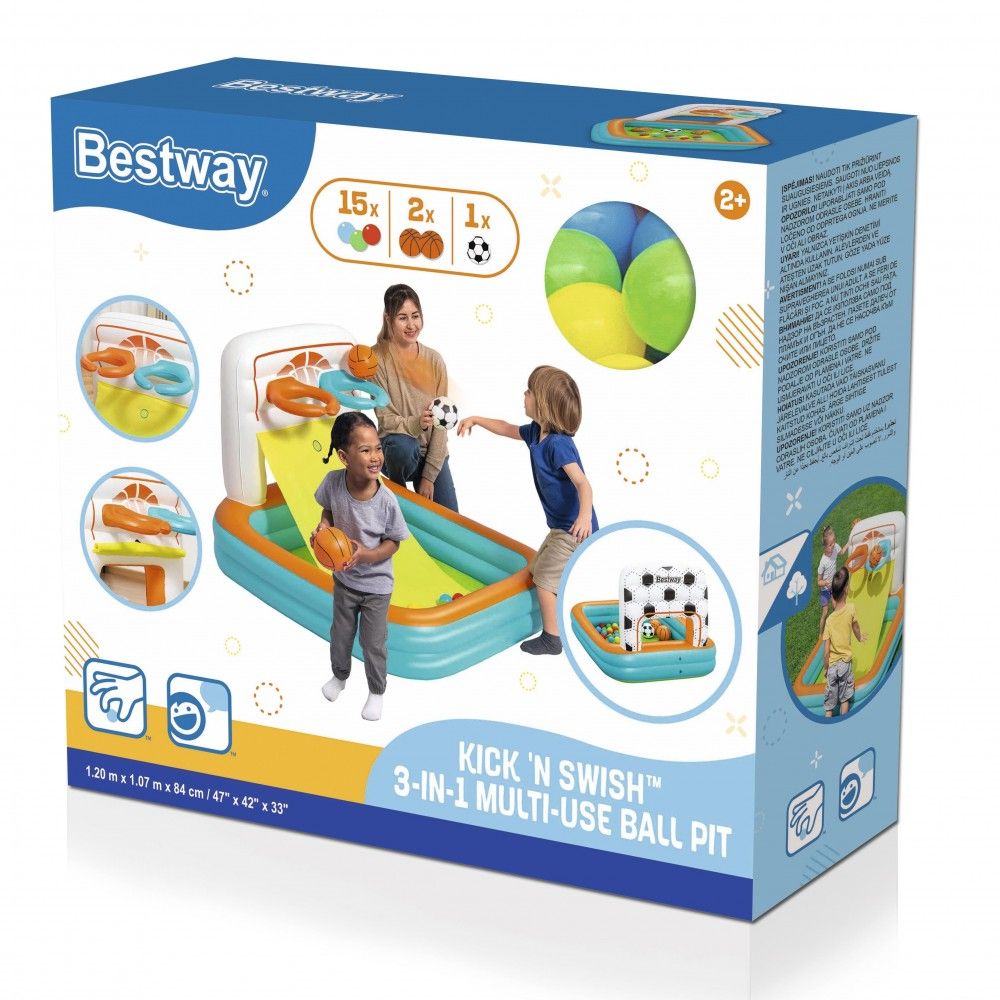 Bestway Oppustelig Børnepool med Spil, Basketballkurve og Bolde, 120x107x84 cm, Fra 2 år