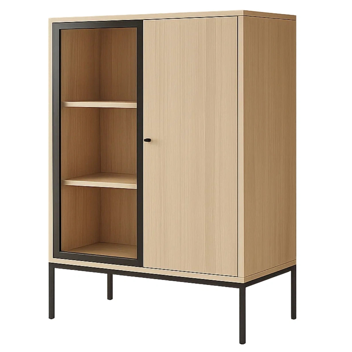 Vitrine à portes vitrées et en bois, 3 étagères, MDF et métal, finition chêne clair et noir, autoportante, pour salon ou salle à manger, 85 x 35 x 140 cm - 4D6SaRu38Mfa