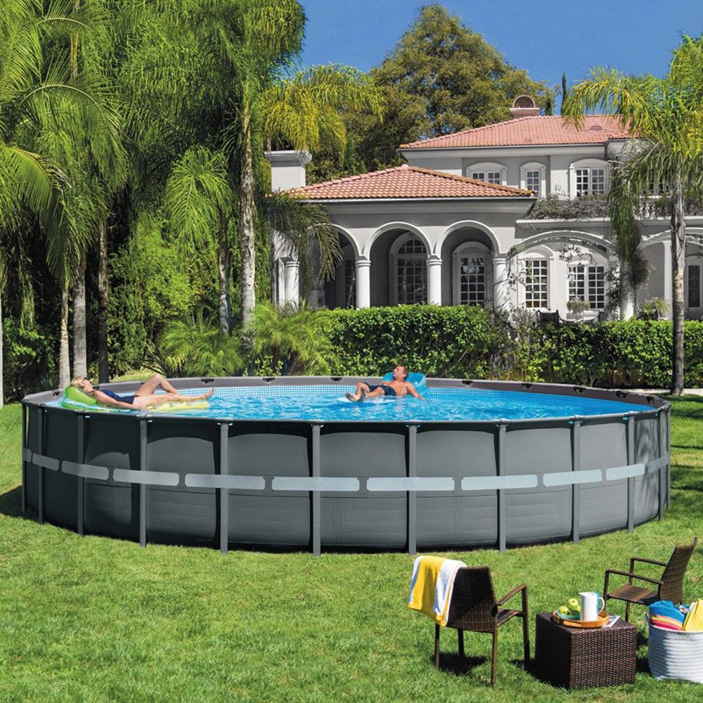 Intex 732x132cm Runder, röhrenförmiger PVC-Aufstellpool, dunkelgrau, mit Filterpumpe