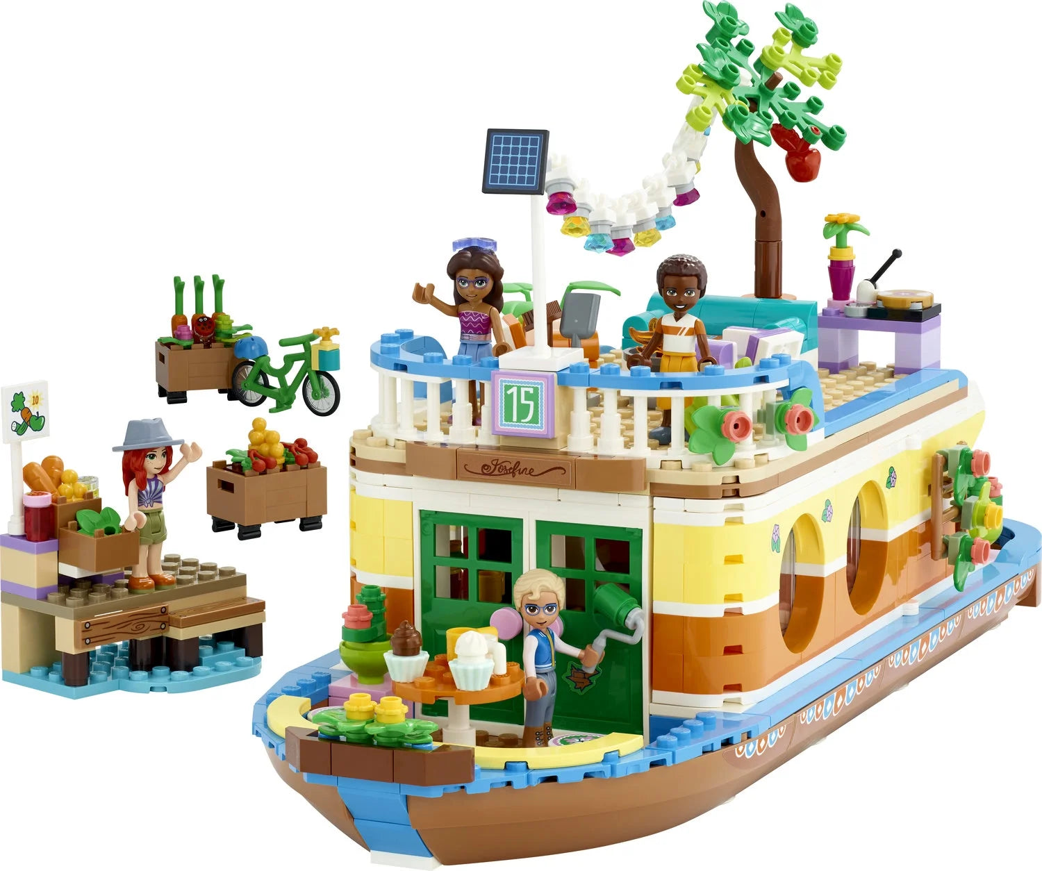 LEGO Friends Husbåd på kanalen 41702 Byggesæt; Indeholder 4 minidukker, inklusive Mia, og 1 legetøjsdyr; Fødselsdagsgave til børn fra 7 år (737 dele)