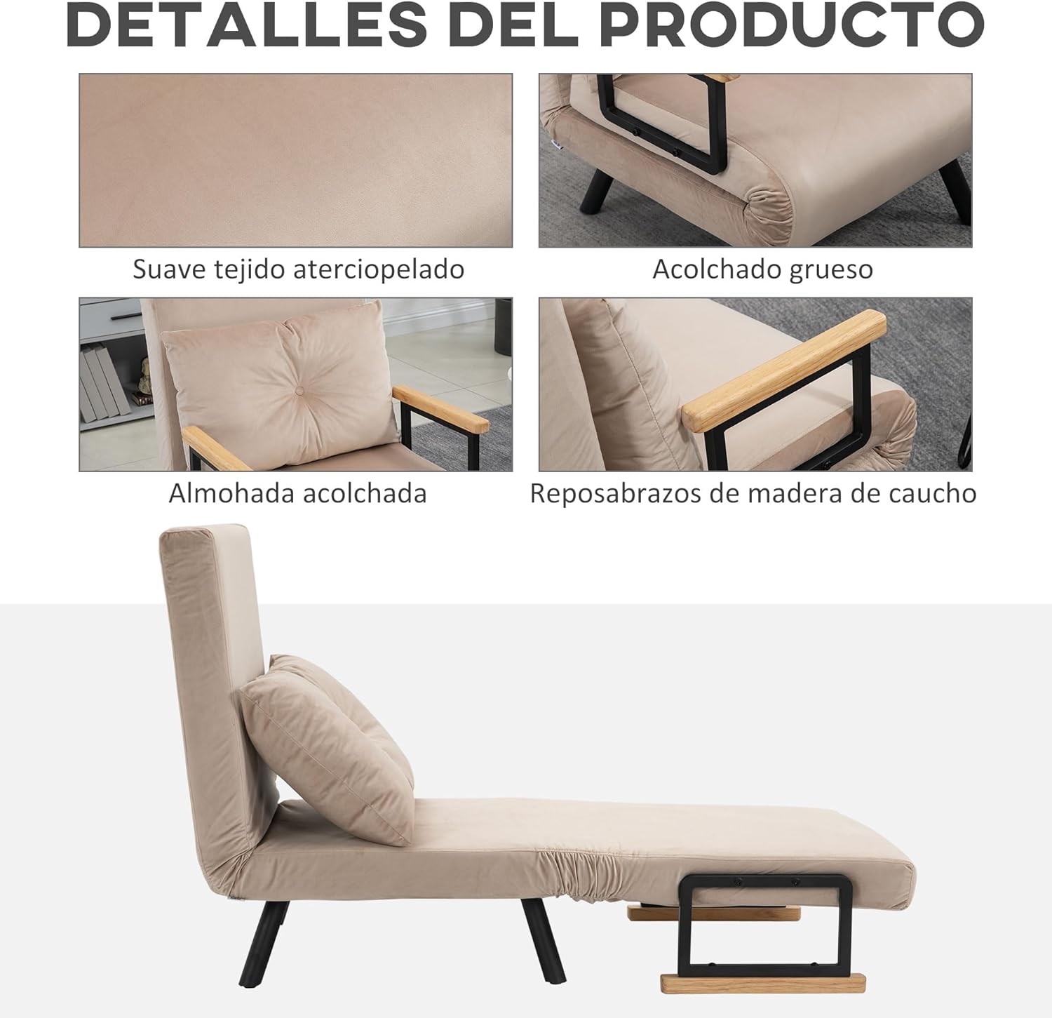 HOMCOM Schlafsofa, 2-Sitzer, Klappsofa, Samtbezug, 5-fach verstellbare Rückenlehne und gepolsterte Kissen, für Büro, Schlafzimmer, Wohnzimmer, 102 x 73 x 81 cm, Beige