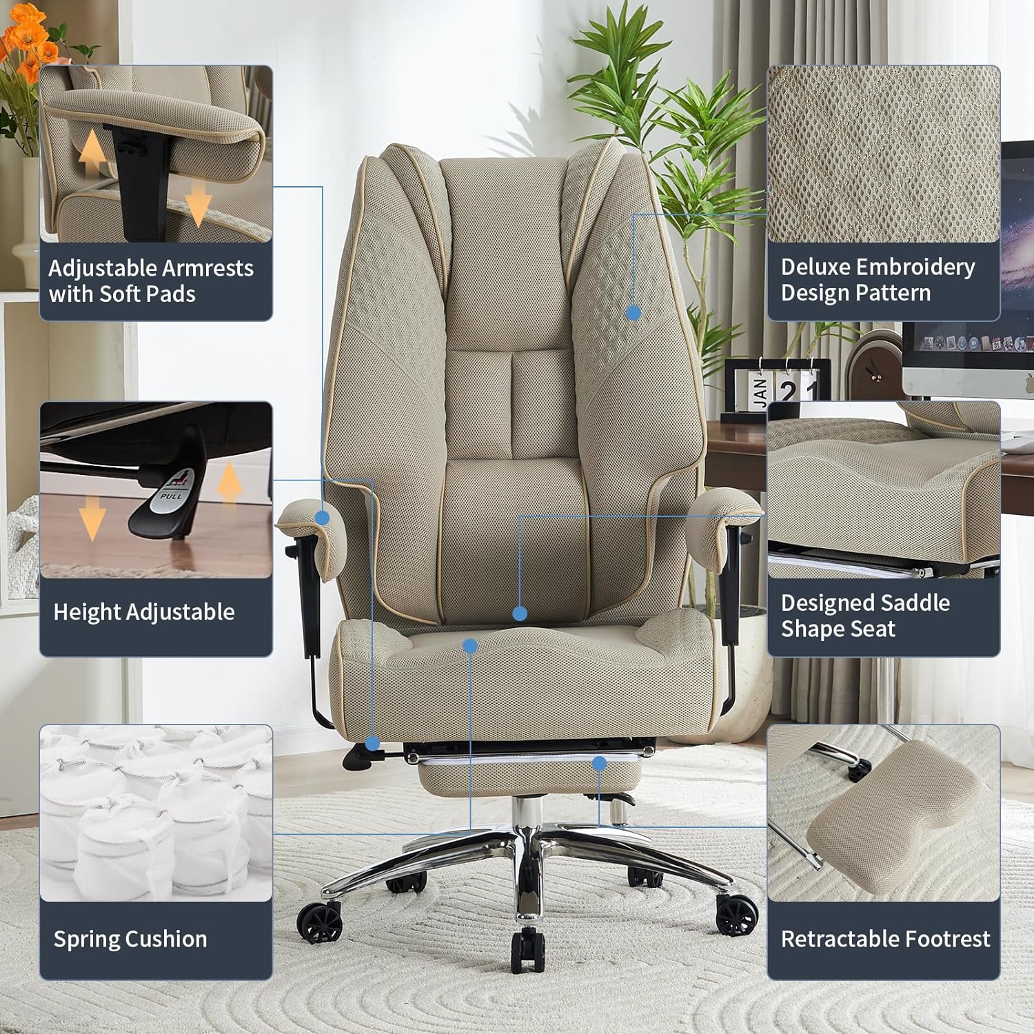 Hoher und breiter Bürostuhl für 181 kg, Chefsessel aus Leder mit hoher Rückenlehne und Fußstütze, ergonomischer Stuhl mit Lendenwirbelstütze zur Linderung von Rückenschmerzen (Beige)