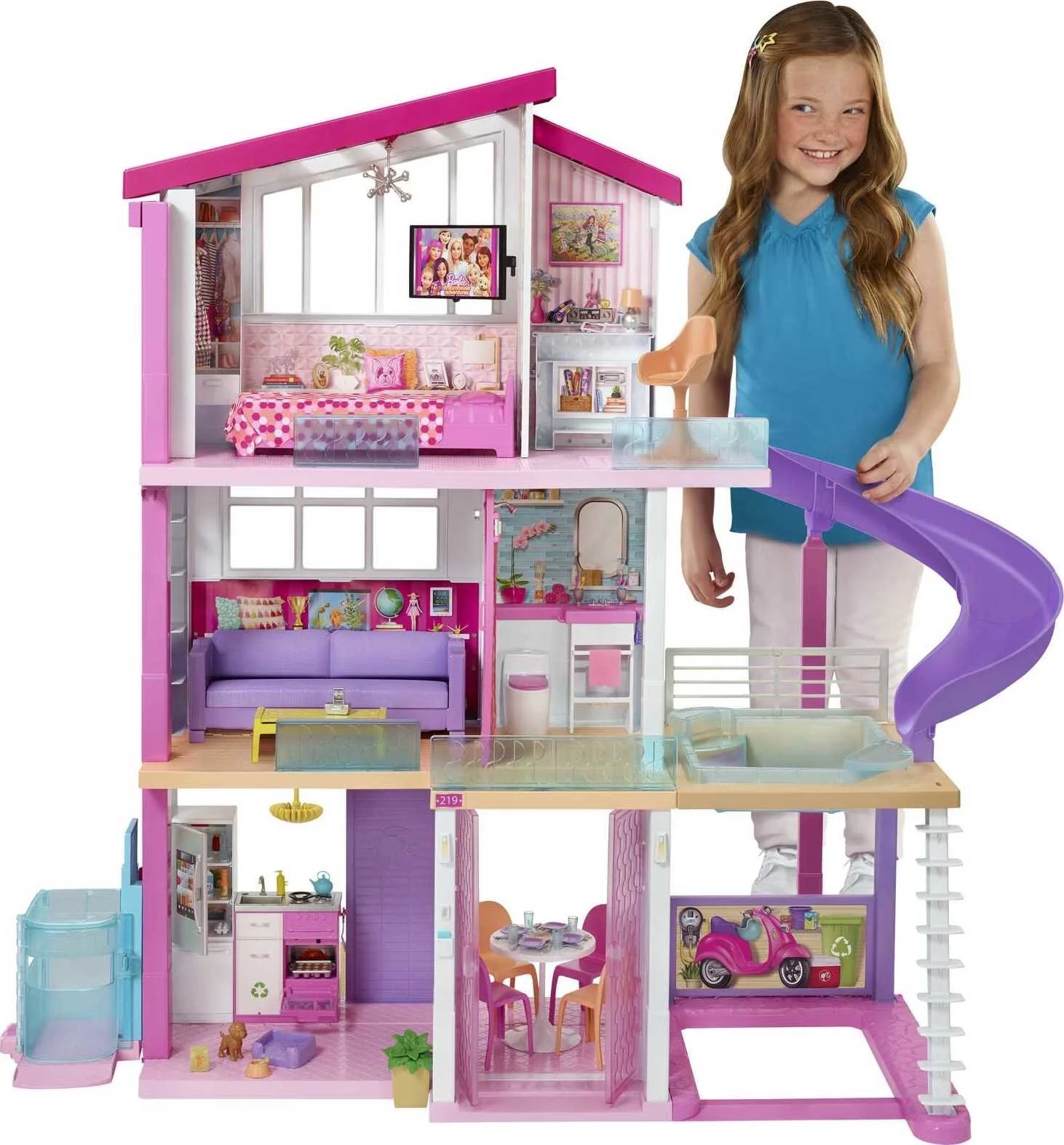 Barbie DreamHouse Puppenhaus mit über 70 Zubehörteilen, funktionierendem Aufzug, Licht- und Soundeffekten