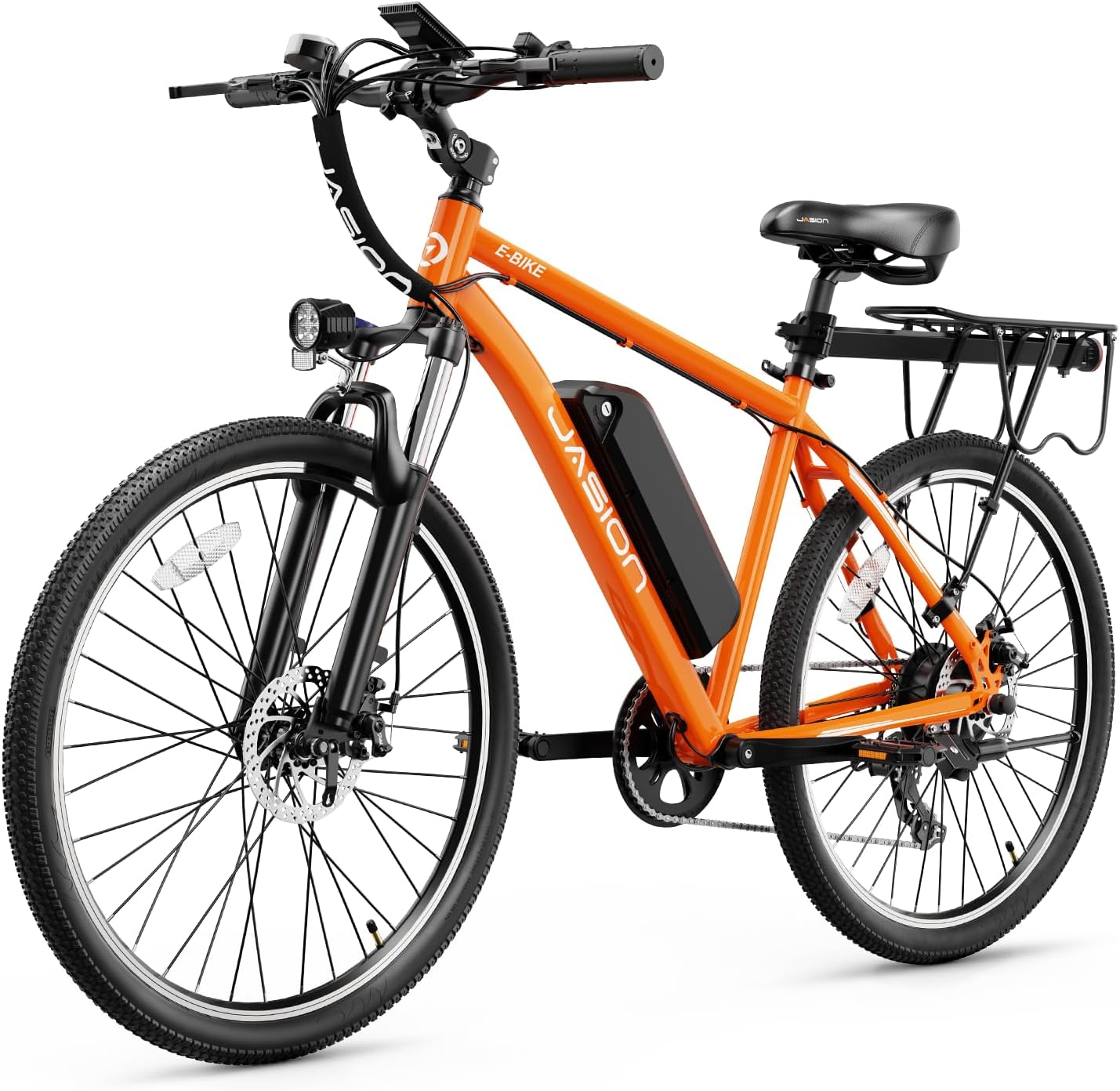 Vélo électrique Jasion EB5 pour adultes avec batterie amovible de 360 ​​Wh, 64 km, 32 km/h, VTT électrique de ville avec moteur de 350 W, 7 vitesses, pneus de 26 pouces et suspension avant.