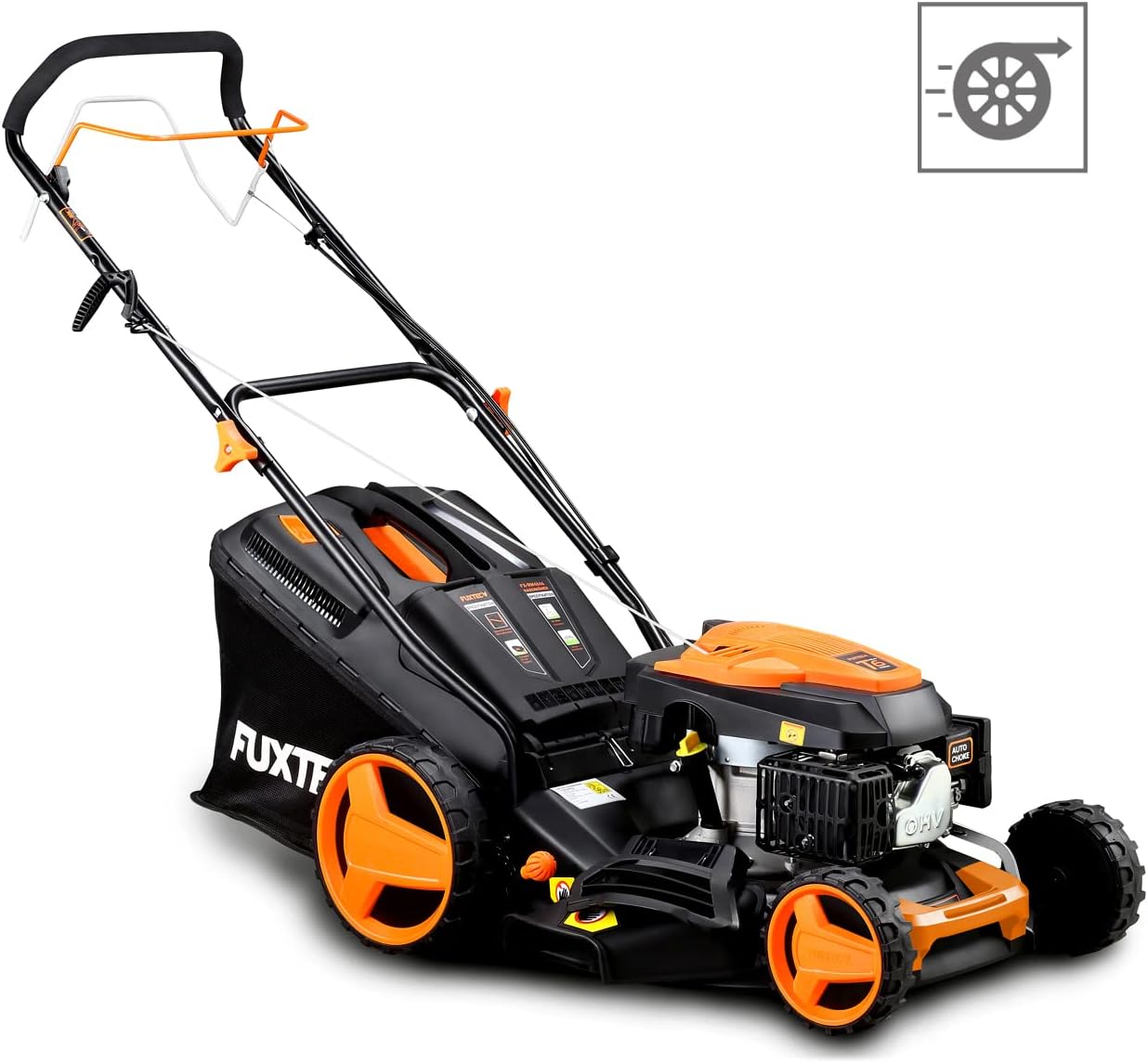 Tondeuse à gazon à essence FUXTEC FX-RM4646ECO, largeur de coupe de 46 cm, puissant moteur à essence de 146 cm³, nettoyage facile, 3 en 1, 2,6 kW, bac de ramassage mulching de 50 l.