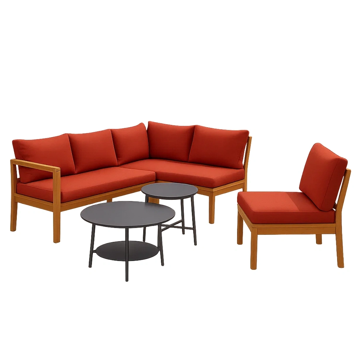 Ensemble de salon de jardin 4 pièces avec structure en bois naturel, coussins rouges, table ronde 60x45 cm, canapé 150x80x70 cm, fauteuil 60x60x70 cm, table d