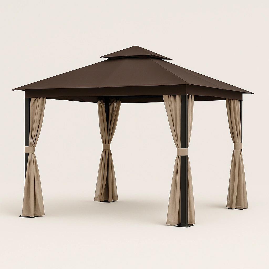 Pavillon de jardin avec toit à pignon et rideaux beiges 3 x 2,5 x 2,8 m