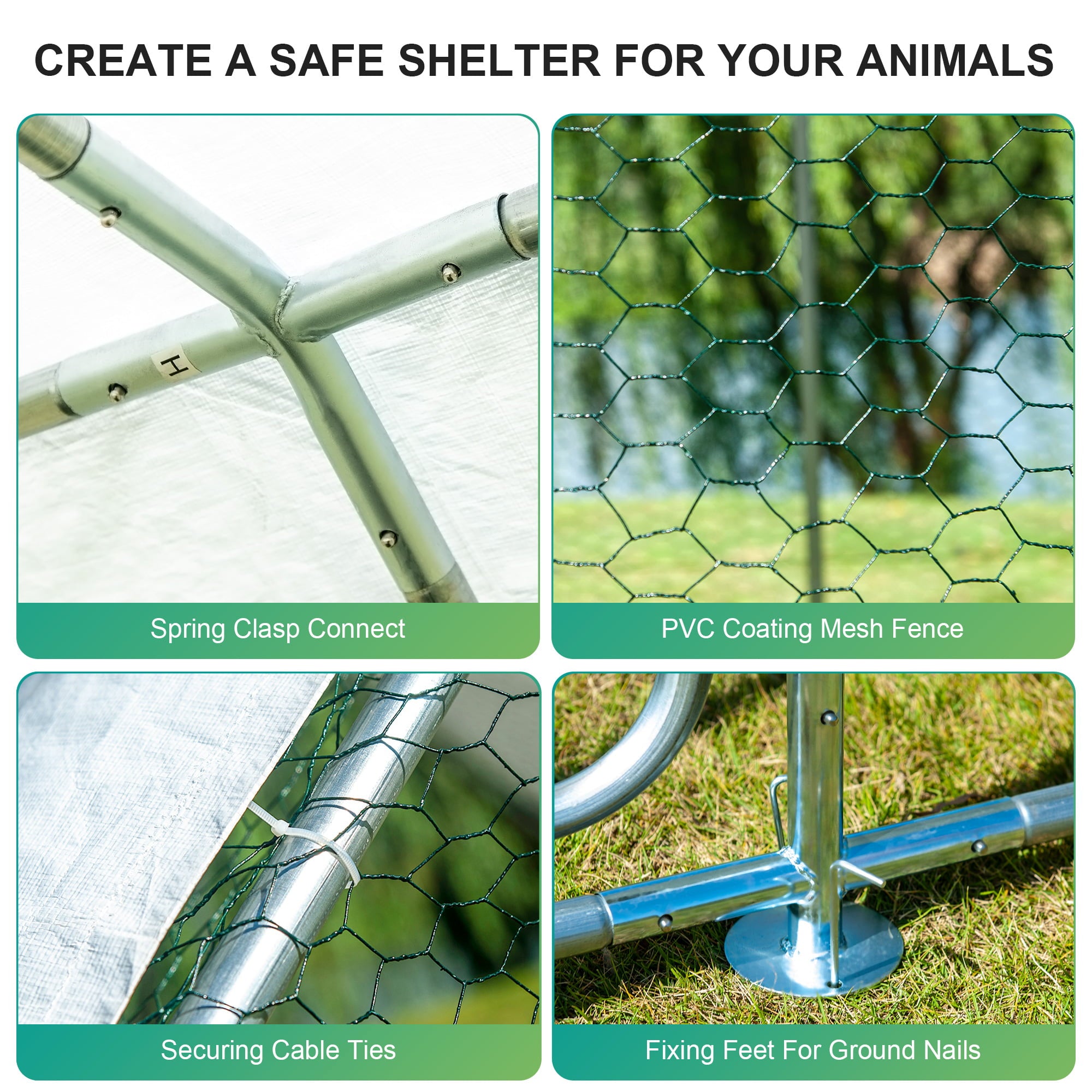 2025 Stort metalspiralhønsebur med vandtæt og UV-bestandigt overtræk til udendørs brug – Kapacitet til 16 fugle