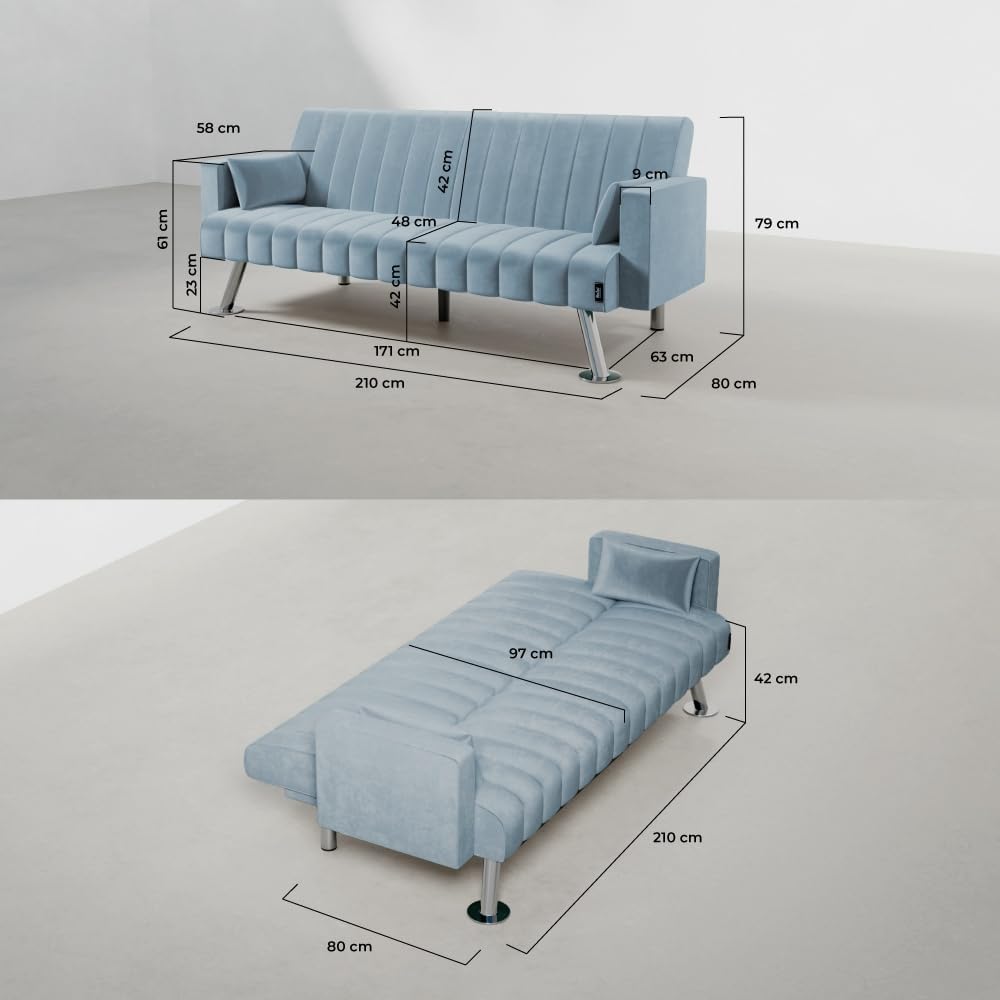 Nalui – Gepolstertes 3-Sitzer-Schlafsofa 210 x 80 x 79 cm, einlagig, 2 Kissen, Klick-Klack-Öffnungsmechanismus mit verstellbarer Rückenlehne. Samt-Chaiselongue-Schlafsofa, umwandelbar in ein Doppelbett | Beige