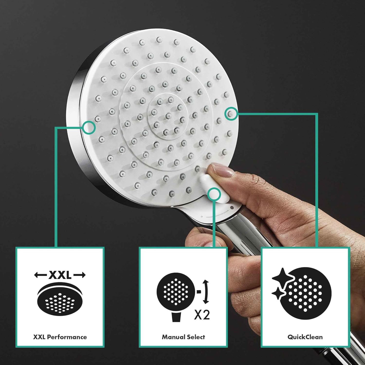 hansgrohe Crometta E - wassersparendes Duschsystem (EcoSmart) mit Thermostat, Regendusche (240 x 240 mm), Handbrause (2 Strahlarten), flexiblem Schlauch, Brausestange und rechteckigem, feststehendem Brausekopf, Chrom, 27281000