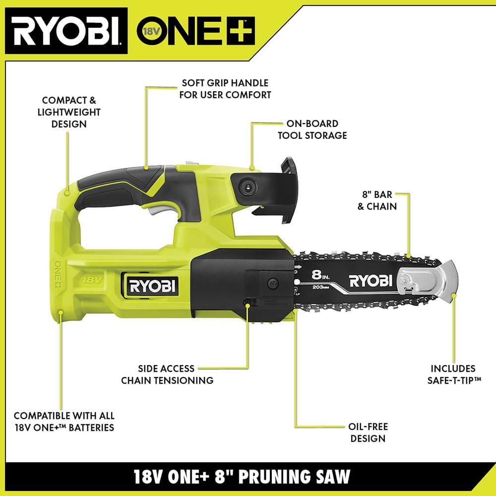 2025 RYOBI ONE+ 18V 8-Zoll Akku-Gartensäge (nur Gerät) P5452BTL