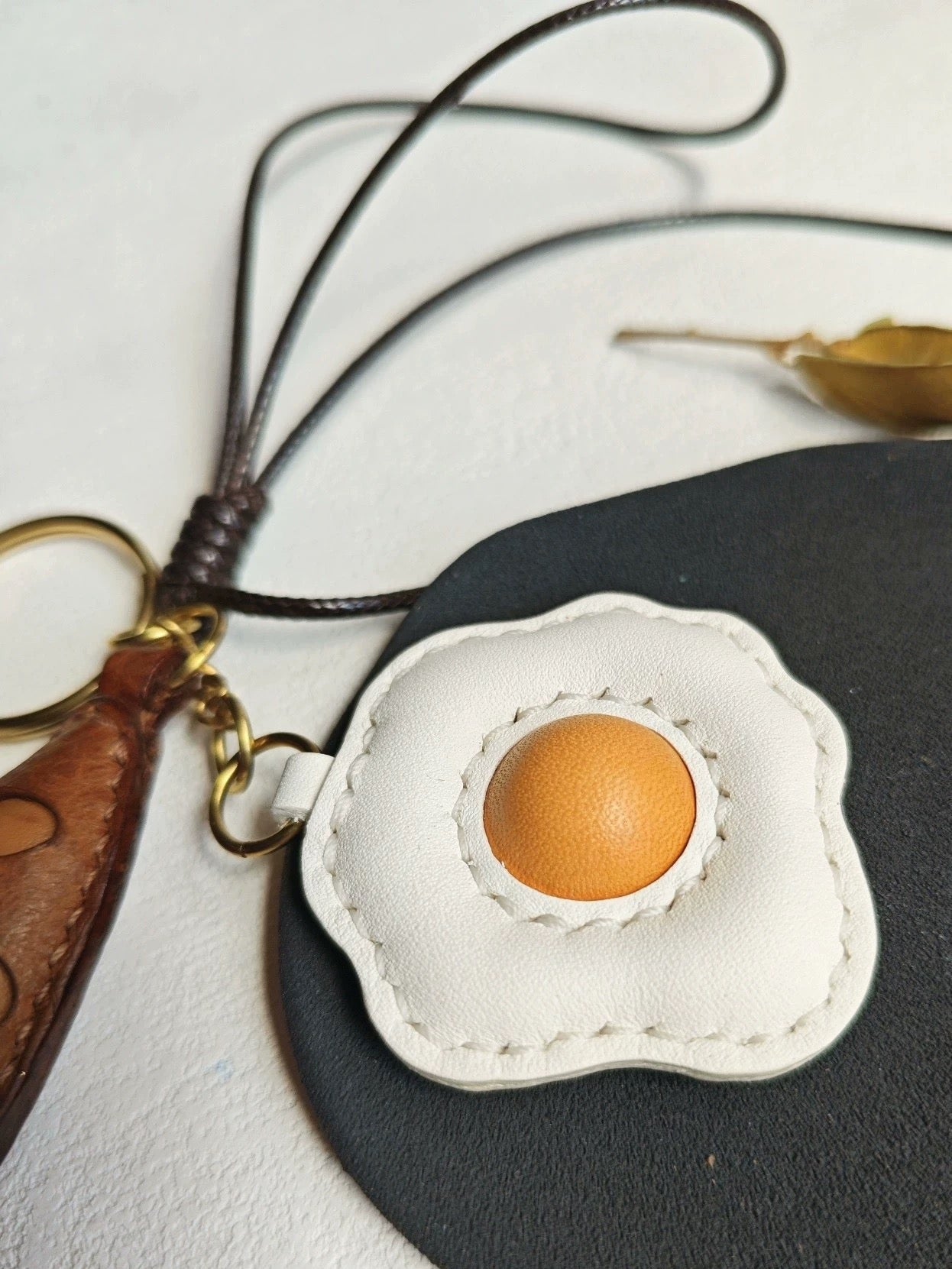 Egg and Bread Bag Charm - Handmade Full-Grain Leather