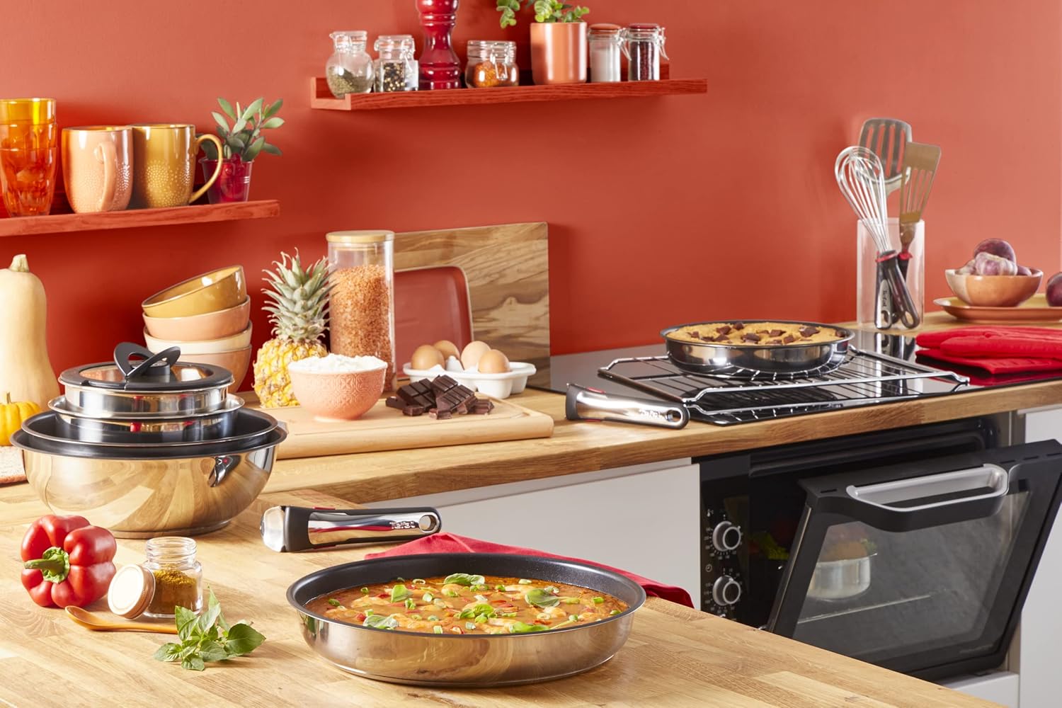 Tefal Ingenio Preference On Set: 2 Bratpfannen (24/28 cm) + 2 Stielkasserollen (16/20 cm) + 24 cm Topf + 26 cm Wok + 2 abnehmbare Griffe + 5 Zubehörteile | Induktionsgeeignet, antihaftbeschichtet, PFOA-frei