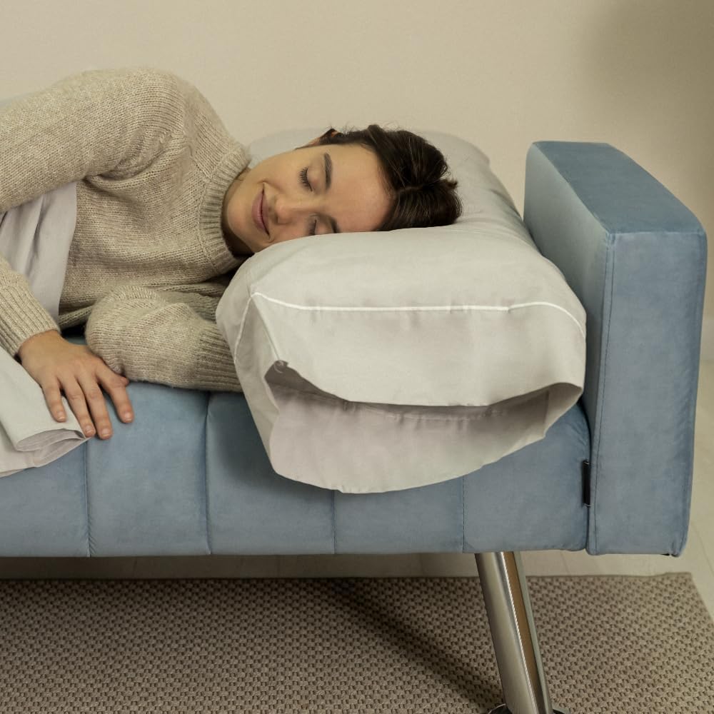 Nalui – Gepolstertes 3-Sitzer-Schlafsofa 210 x 80 x 79 cm, einlagig, 2 Kissen, Klick-Klack-Öffnungsmechanismus mit verstellbarer Rückenlehne. Samt-Chaiselongue-Schlafsofa, umwandelbar in ein Doppelbett | Beige