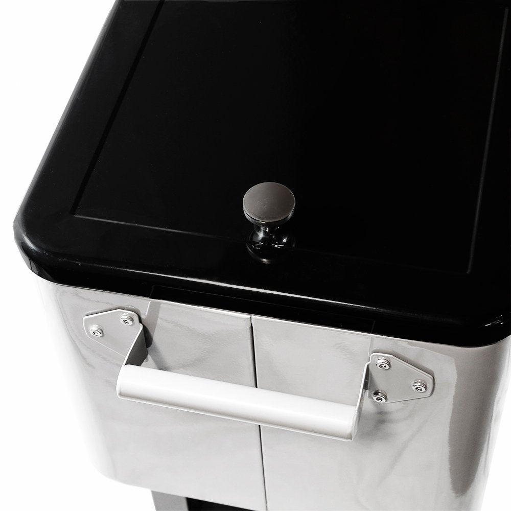 Rollbarer Kühlwagen (80 Liter) für Terrasse und Partys (Modelljahr 2025). Grau. Tragbarer Getränkewagen mit Ablage, Halterung und Dosenöffner.