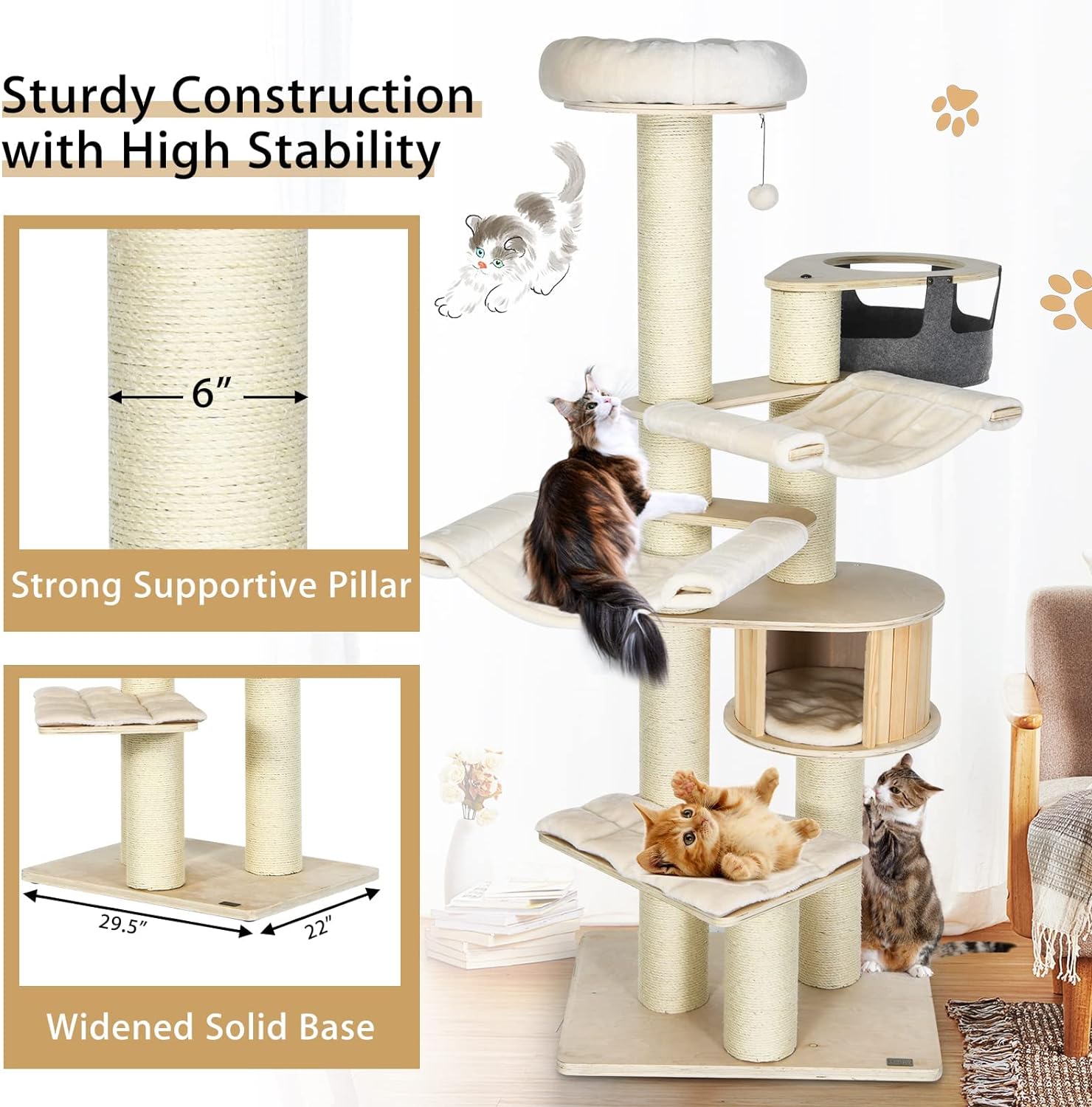 Grand arbre à chat, tour à plusieurs niveaux avec poteau en sisal, hamac, panier suspendu et tapis amovibles et lavables, parfait pour les grands chats