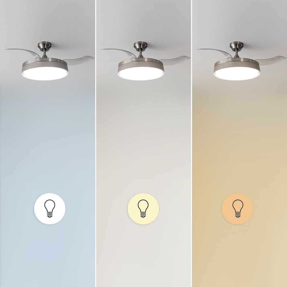 Ventilateur de plafond Cecotec à pales rétractables et lampe invisible EnergySilence Aero 4280 en acier, 40 W, diamètre 42 pouces (106 cm), minuterie, 3 tons lumineux, fonction été-hiver