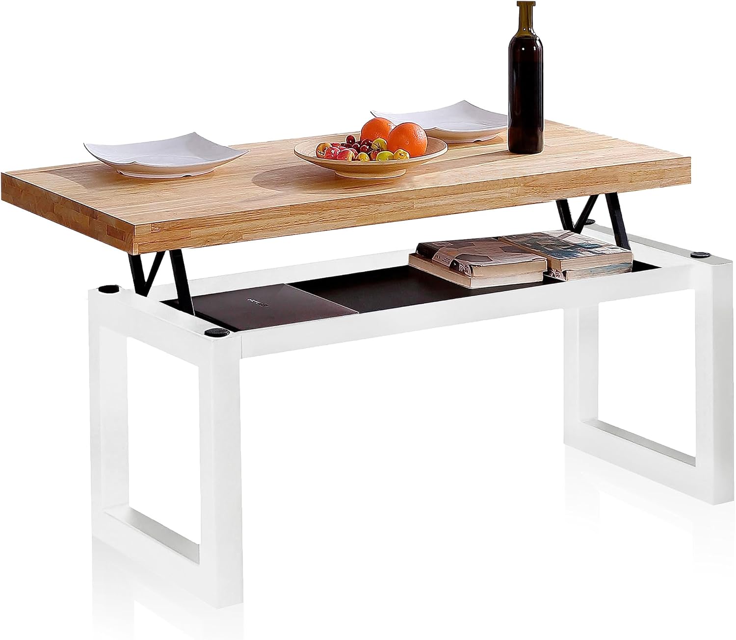 Duehome | Loft, höhenverstellbarer Couchtisch, Esstisch, Eiche und Weiß, Maße: 120 cm (L) x 60 cm (B) x 47,5/62 cm (H)