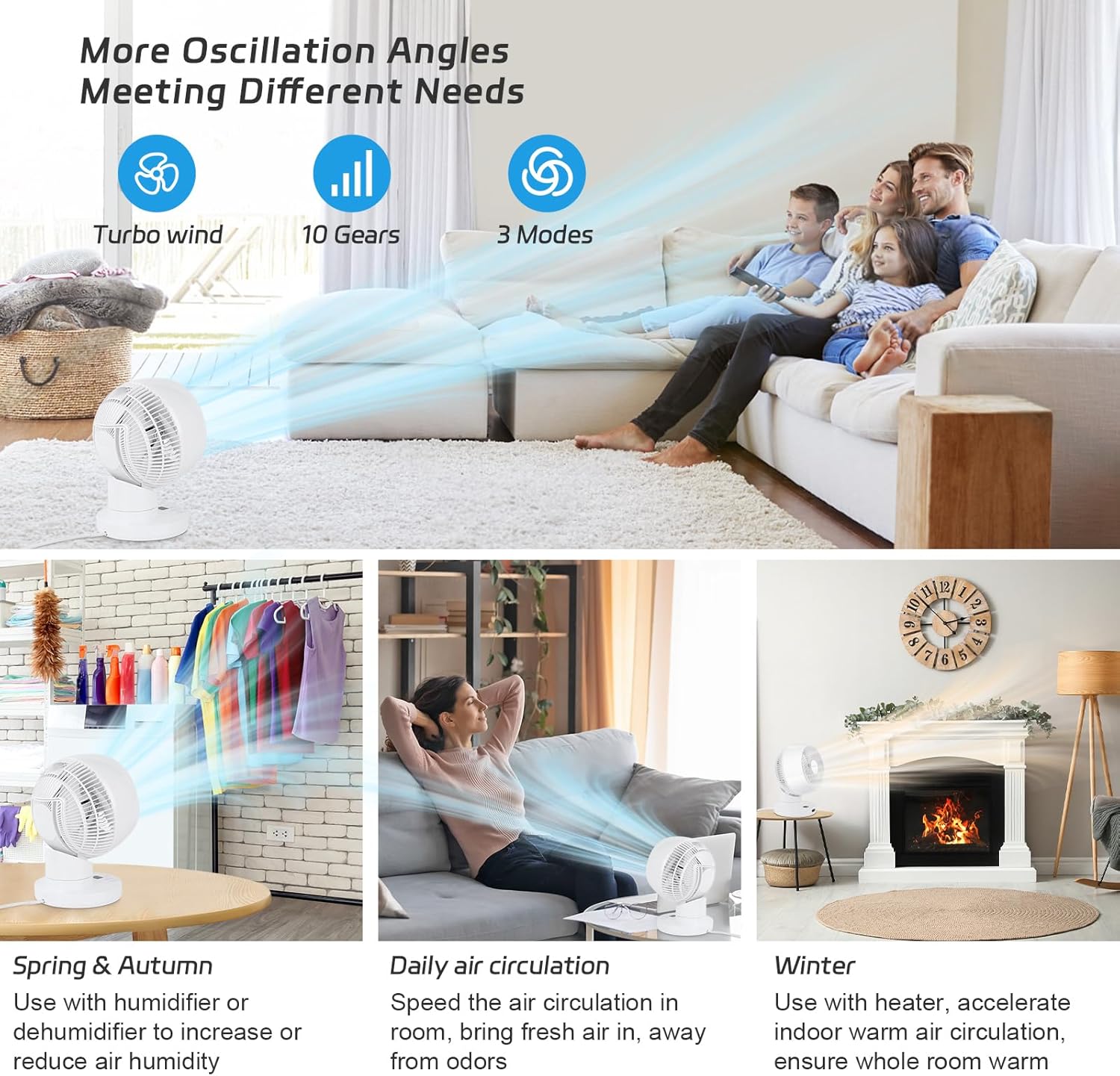 Ventilateur de table silencieux MYCARBON Turbo 20 dB, moteur CC puissant, oscillation 30°-60°-90°, 11 vitesses, minuterie 12 h et démarrage programmé, avec télécommande