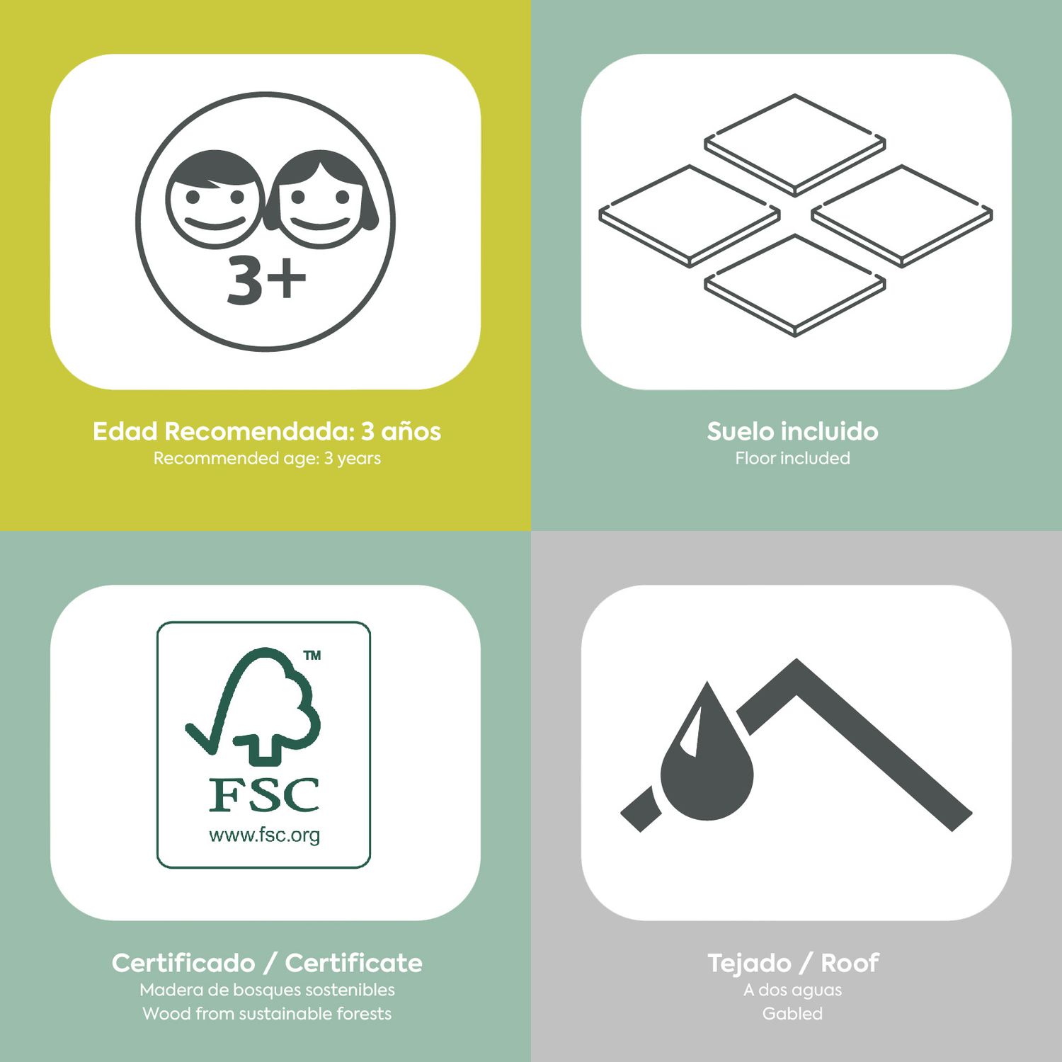 Robincool Holzspielhaus für Kinder, 1,2 m², 116 x 138 x 132 cm, offenes Design mit Fenstern und Außenbank