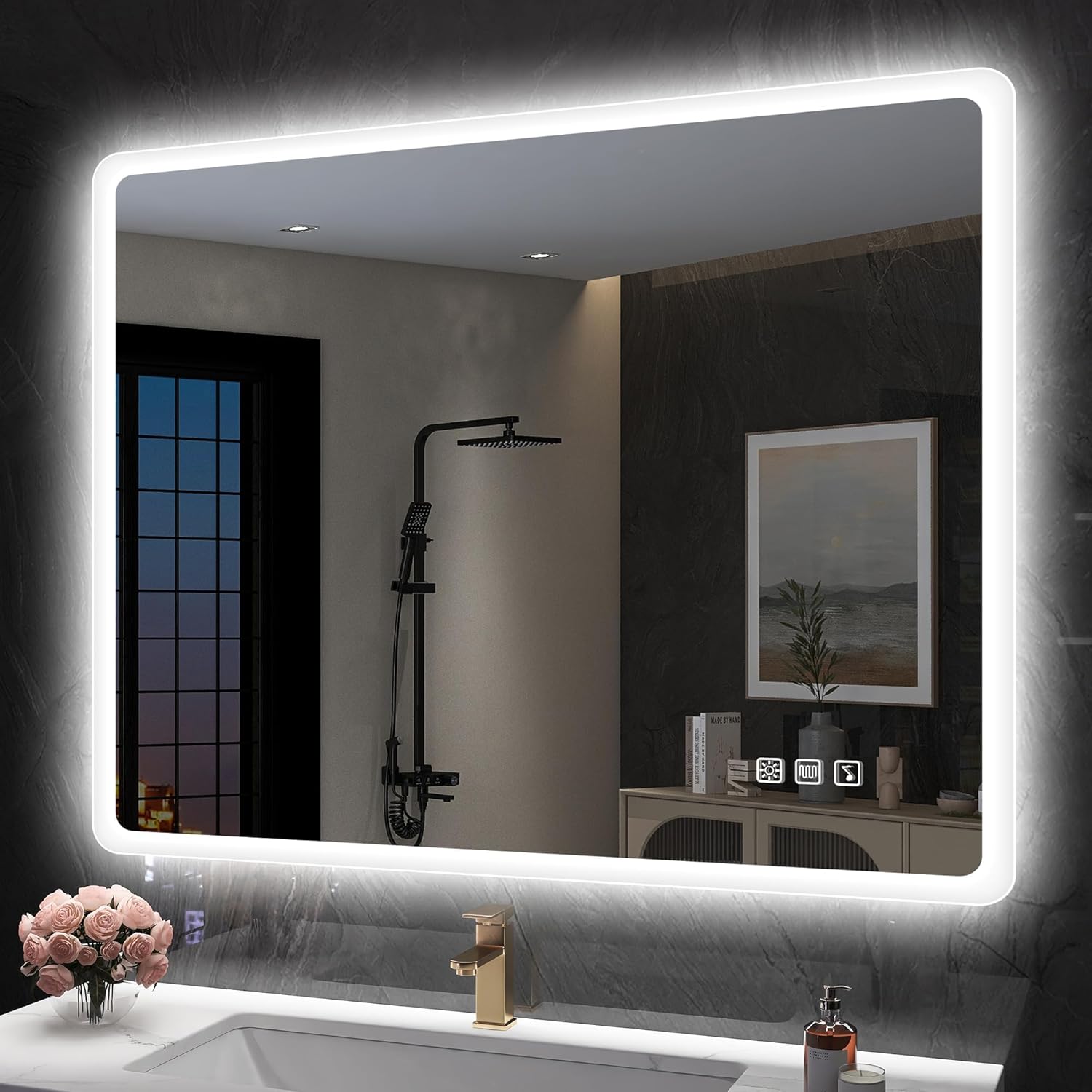 S'bagno Badezimmerspiegel mit Beleuchtung 1200 x 700 mm, IP44 – Badezimmerspiegel mit LED-Beleuchtung und Bluetooth, Antibeschlagfunktion / 3 Lichtfarben (3000 K, 4000 K, 6500 K) / dimmbar / Memory-Funktion, vertikal oder horizontal montierbar
