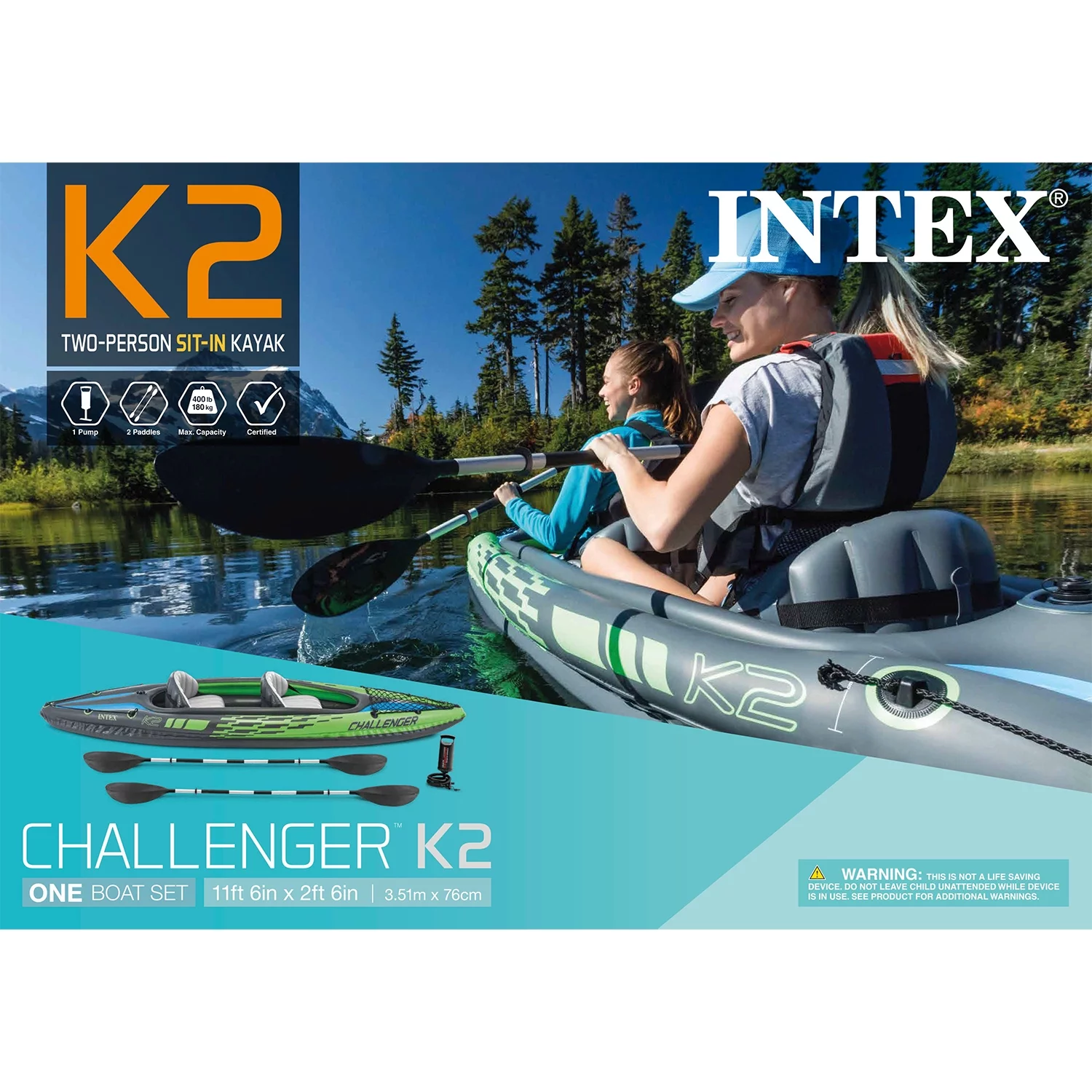 2025 Intex Challenger K2 oppustelig kajak med pagajer og håndpumpe