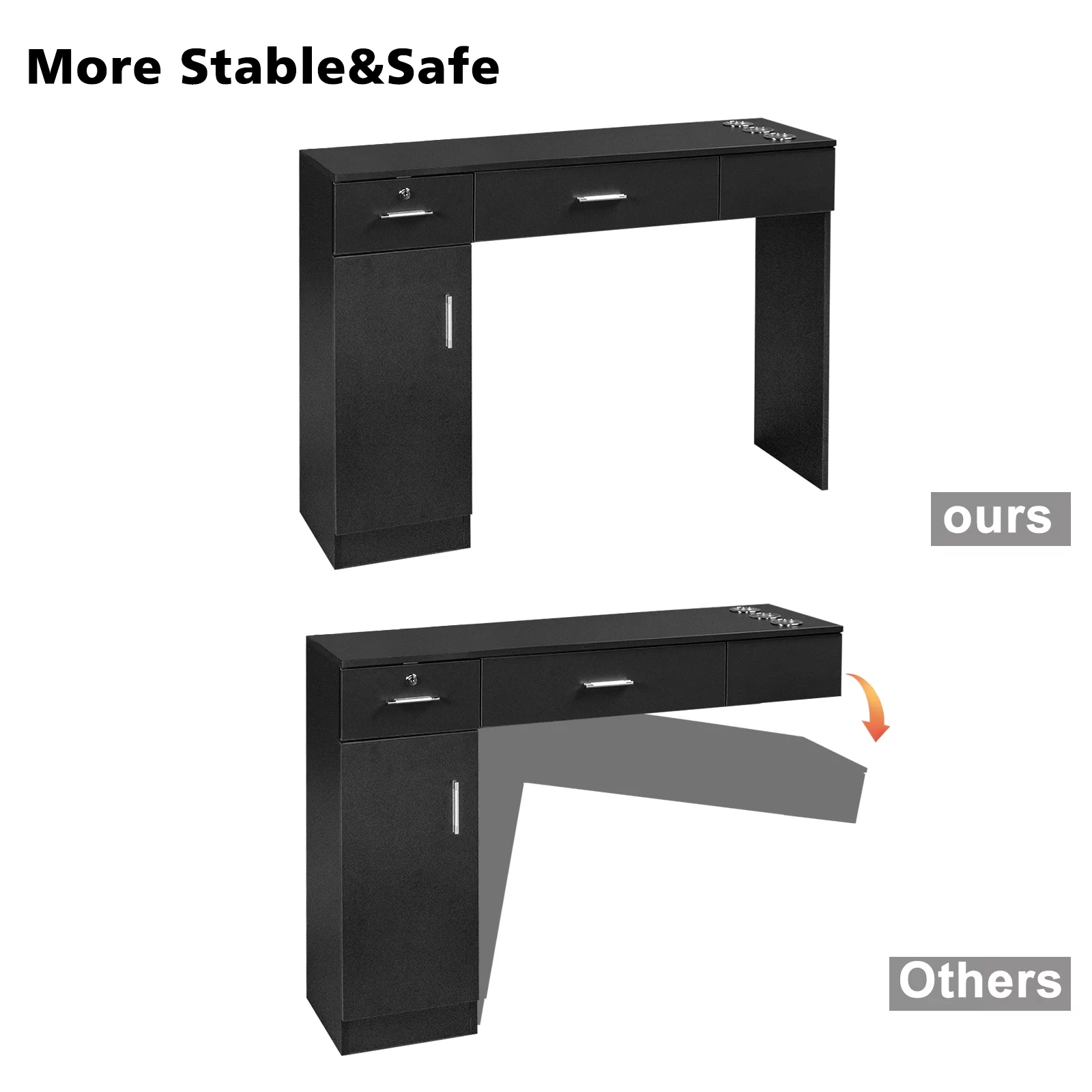 OmySalon Wandmontierte Frisierstation 2025 für Kosmetikstudios und Spas. Mit 2 Schubladen, 1 Schrank und 3 offenen Regalfächern (Schwarz).