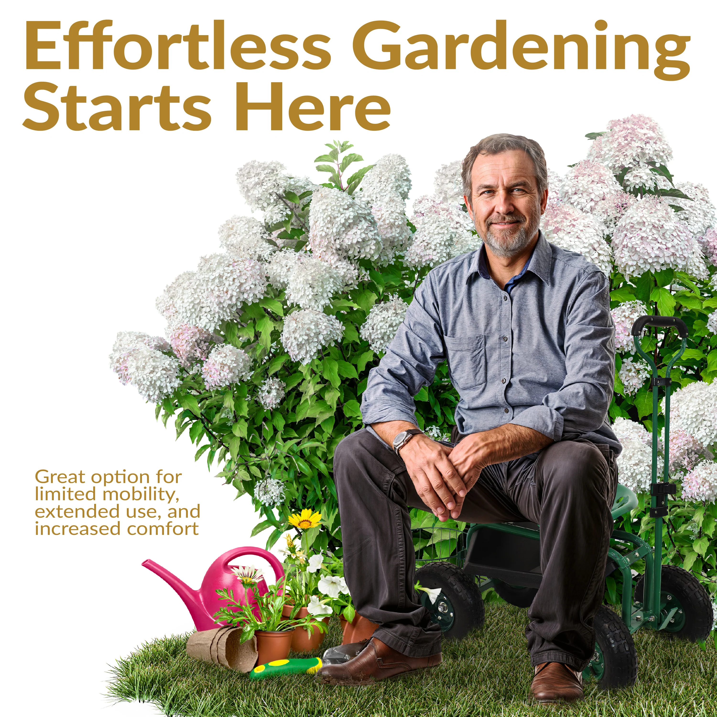 Chariot de jardin roulant Sunnydaze 2025 avec siège pivotant, guidon et panier