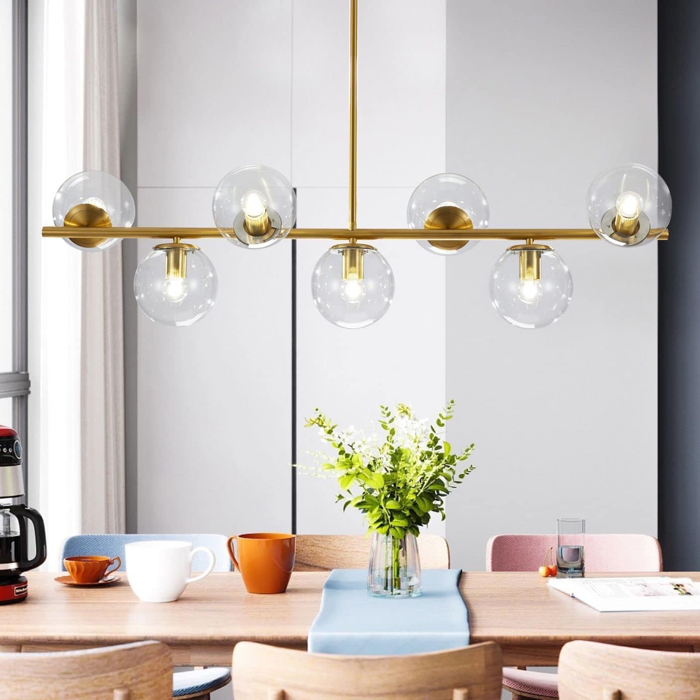 Moderne Esszimmerleuchte von KCO Lighting aus goldfarbenem Metall, Kücheninsel-Pendelleuchte aus weißem Glas, 7-flammig, E27, 80 cm höhenverstellbar