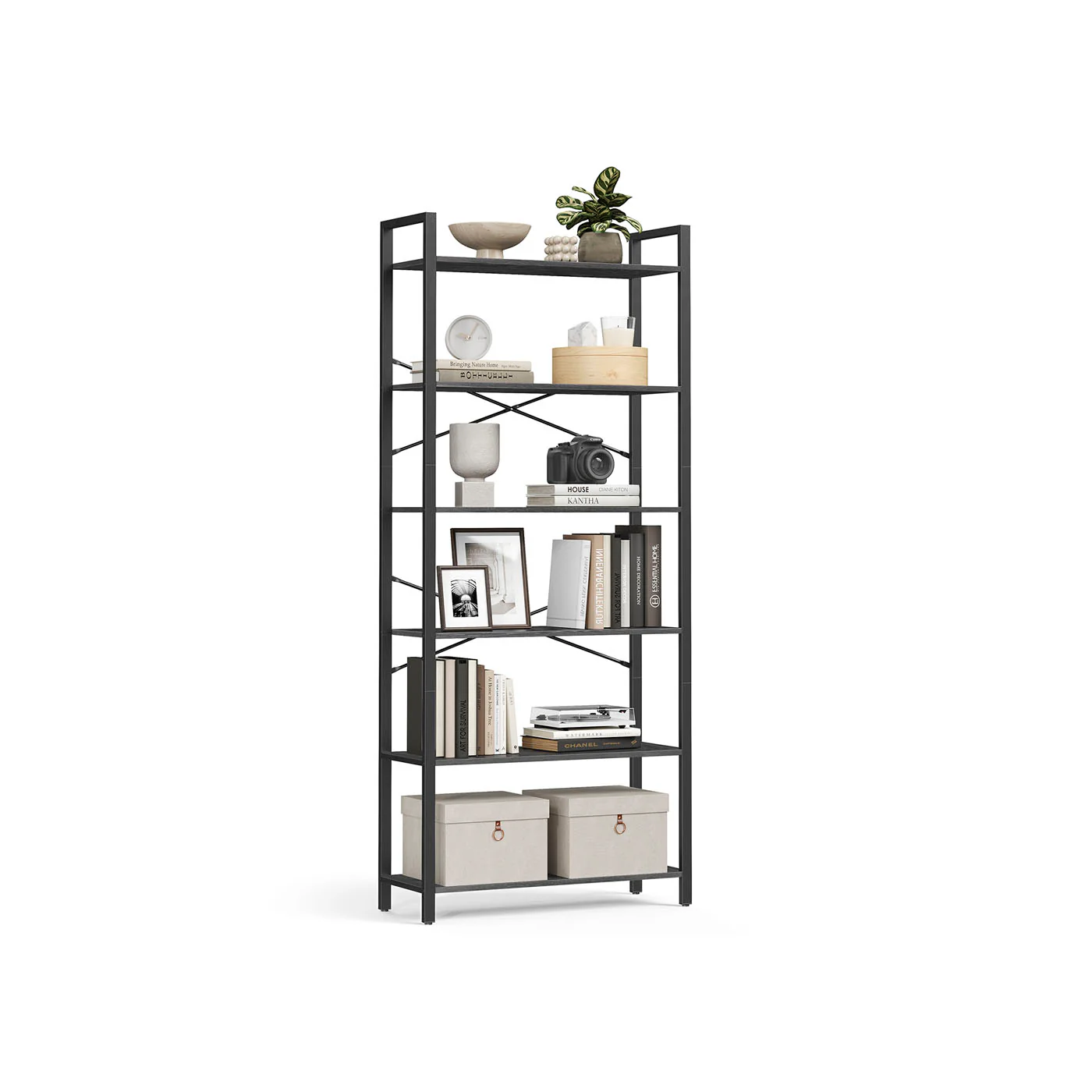 Hohes Bücherregal mit Stahlrahmen, Industriestil