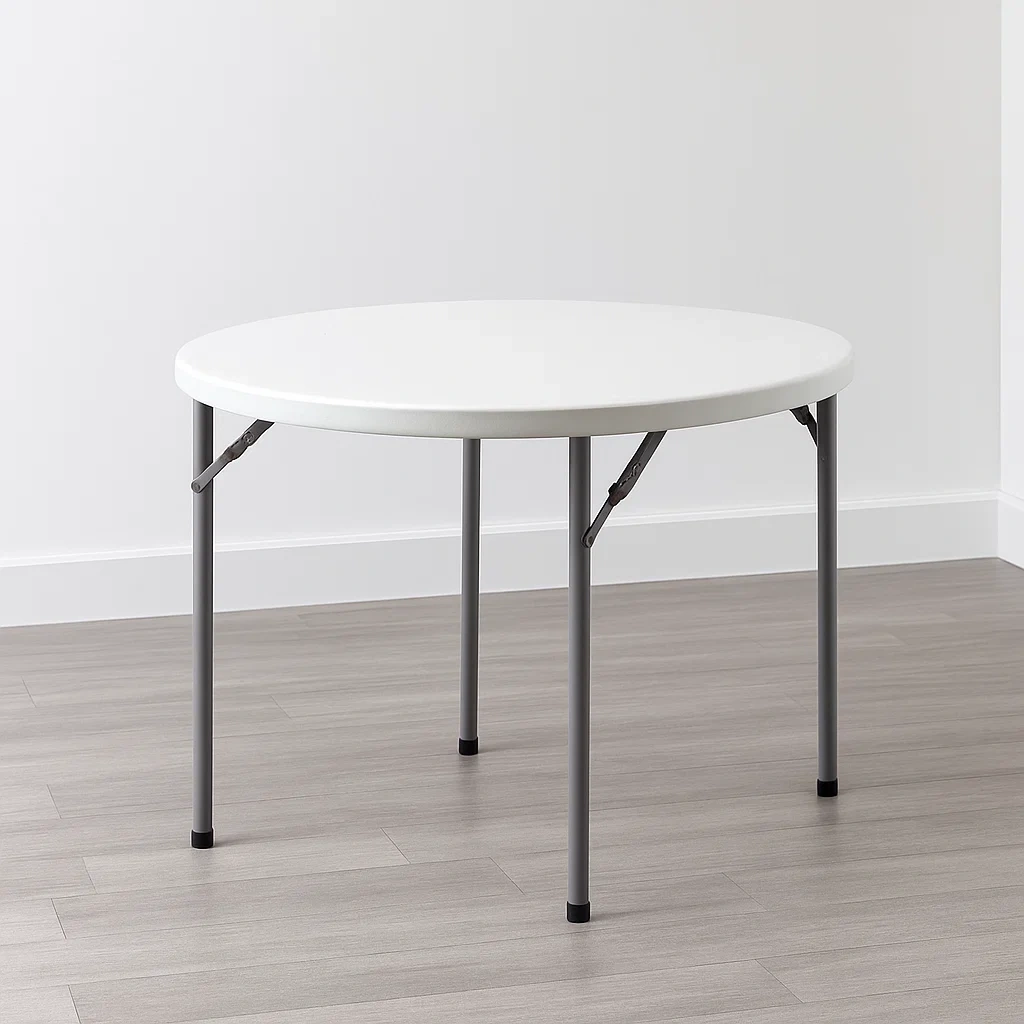 Table pliante blanche en plastique et métal, adaptée à un usage intérieur, diamètre 122 x hauteur 74 cm