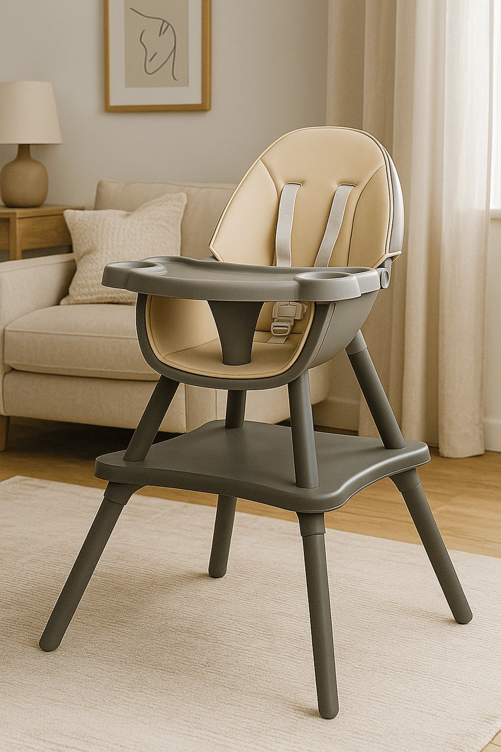 Chaise haute avec tablette fixe et structure à double niveau, jusqu