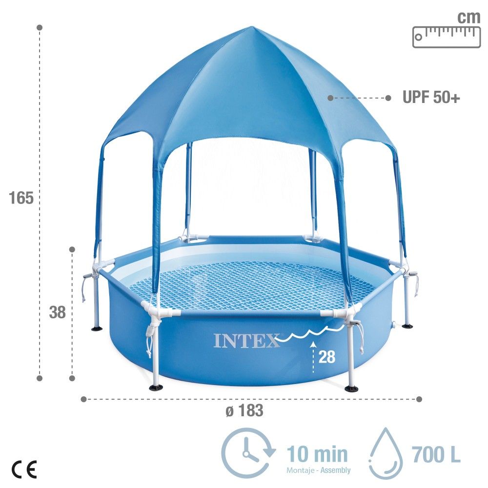 Intex Sechseckiger, rohrförmiger PVC-Aufstellpool Ø183x38 cm Blau mit Überdachung