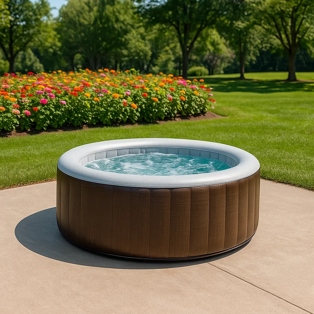 Spa gonflable rond, 4 personnes, PVC, marron et gris, diamètre 185 x 70 cm - AaMz6uKf8neL
