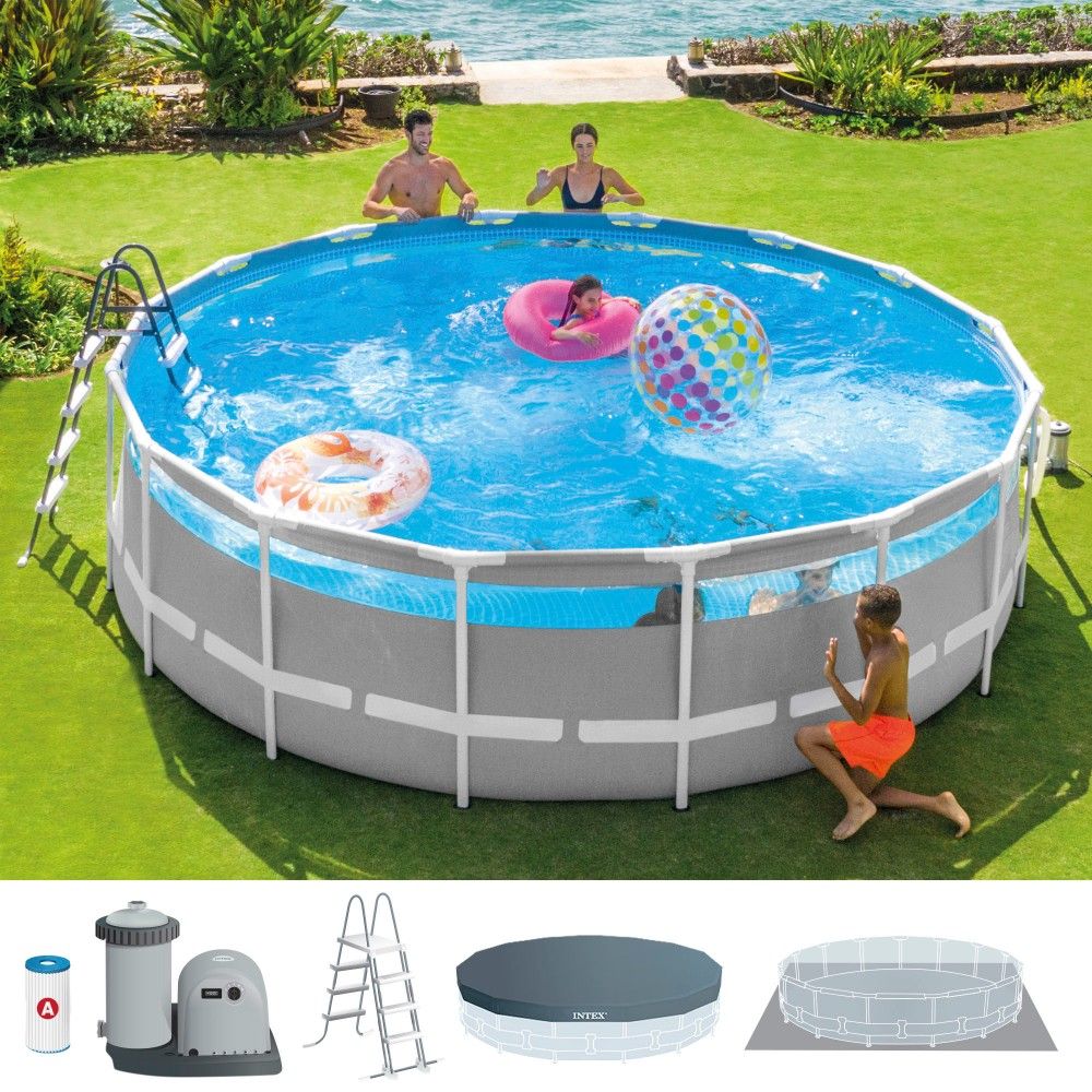 Intex Runder, röhrenförmiger PVC-Aufstellpool Ø488x122 cm Grau mit Filterpumpe