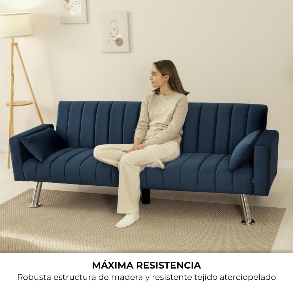 Nalui – Gepolstertes 3-Sitzer-Schlafsofa 210 x 80 x 79 cm, einlagig, 2 Kissen, Klick-Klack-Öffnungsmechanismus mit verstellbarer Rückenlehne. Samt-Chaiselongue-Schlafsofa, umwandelbar in ein Doppelbett | Beige