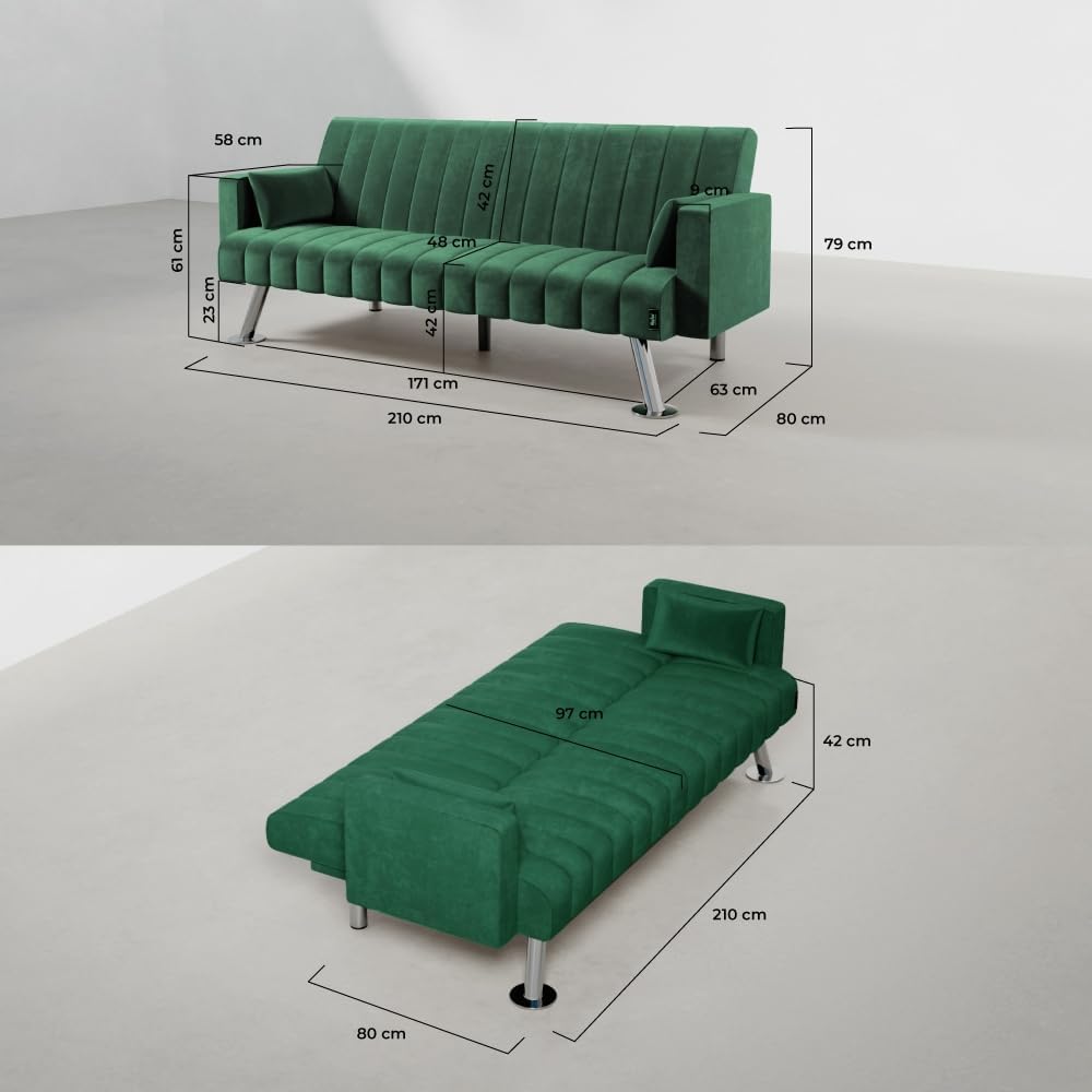Nalui – Gepolstertes 3-Sitzer-Schlafsofa 210 x 80 x 79 cm, einlagig, 2 Kissen, Klick-Klack-Öffnungsmechanismus mit verstellbarer Rückenlehne. Samt-Chaiselongue-Schlafsofa, umwandelbar in ein Doppelbett | Beige
