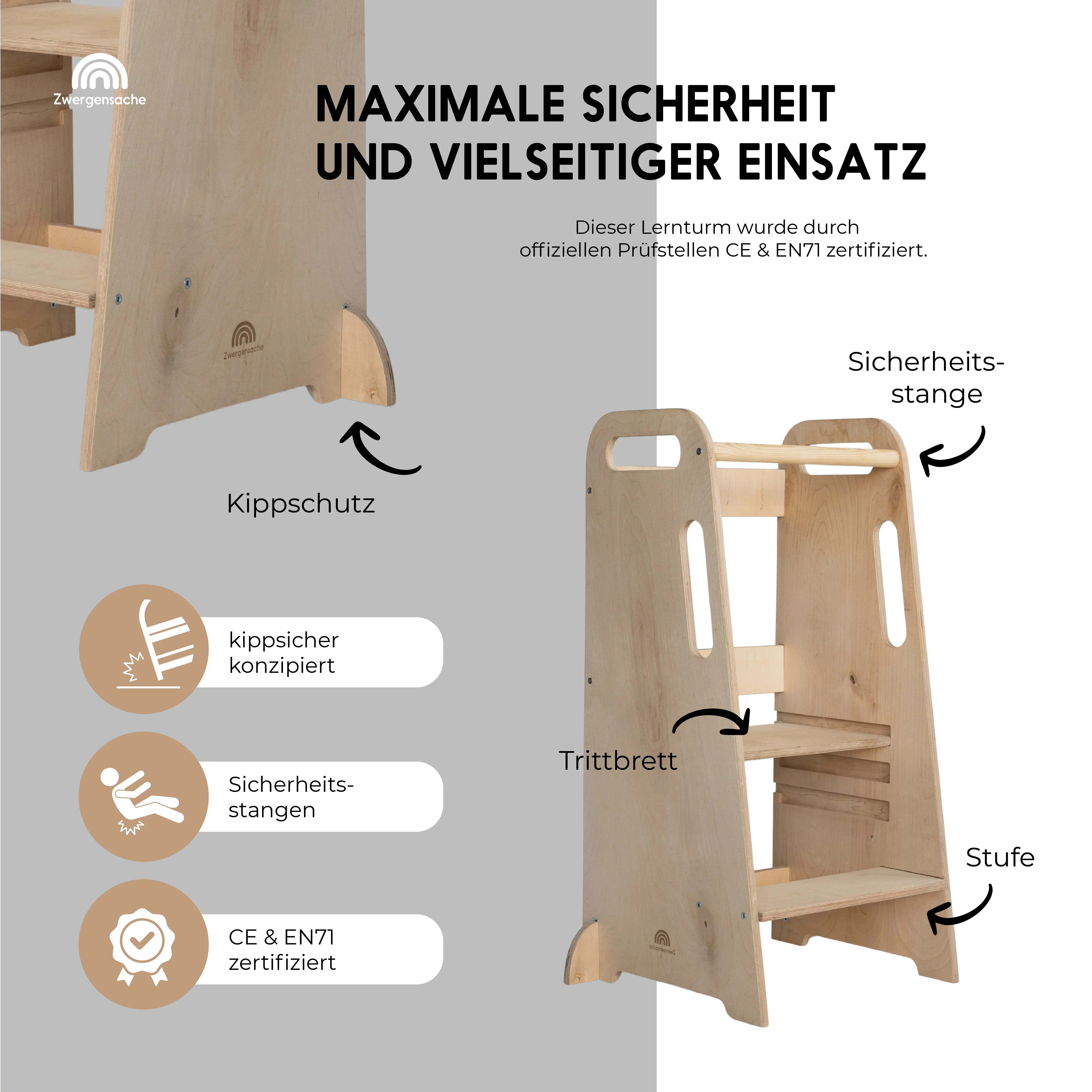 Tour d'apprentissage en bois 2025. Hauteur réglable. Robuste et sécuritaire. À partir de 12 mois.