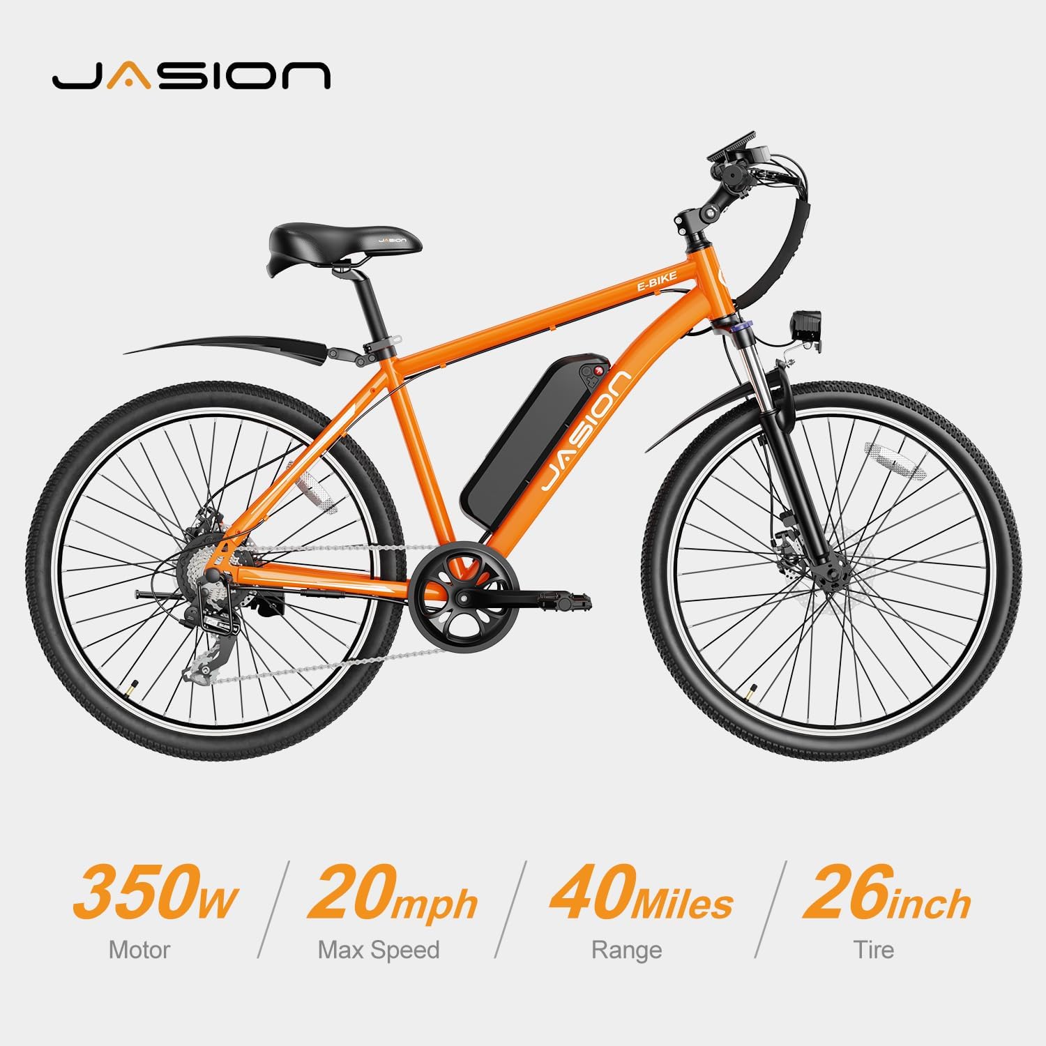 Vélo électrique Jasion EB5 pour adultes avec batterie amovible de 360 ​​Wh, 64 km, 32 km/h, VTT électrique de ville avec moteur de 350 W, 7 vitesses, pneus de 26 pouces et suspension avant.