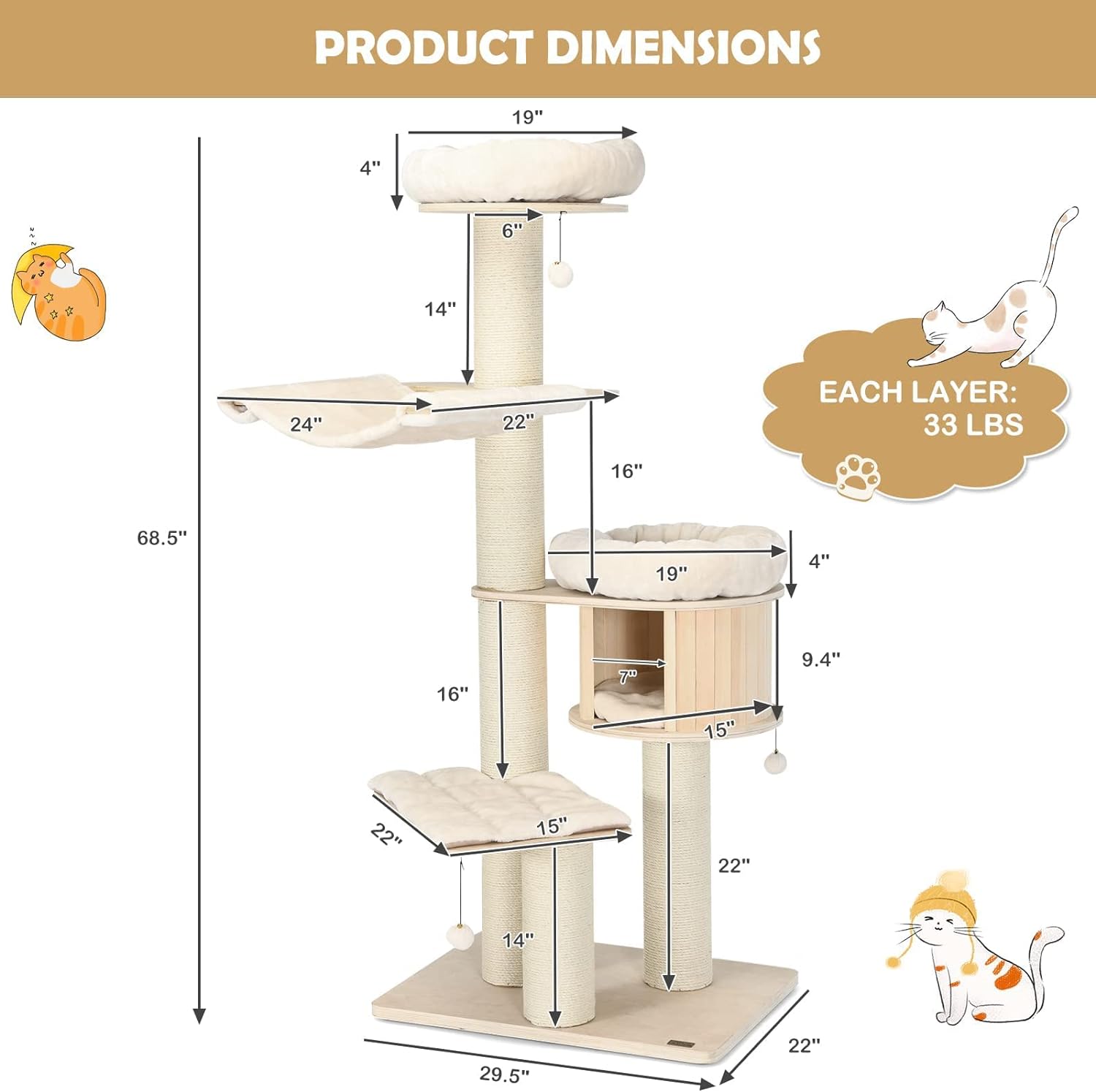 Grand arbre à chat, tour à plusieurs niveaux avec poteau en sisal, hamac, panier suspendu et tapis amovibles et lavables, parfait pour les grands chats