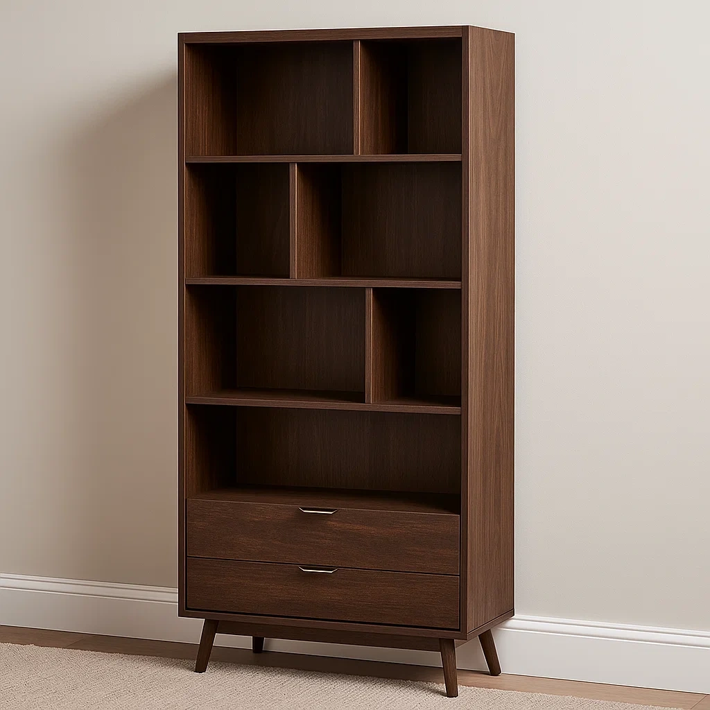 Vitrine à portes et tiroirs, 4 étagères, structure en bois, couleur noyer, autoportante, pour bureau ou salon, 80 x 35 x 180 cm - bVXd68iYB7UF